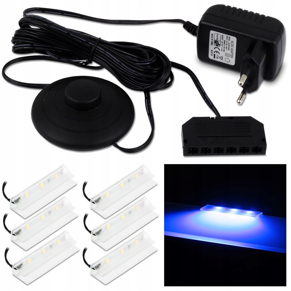 6X KLIPS LED NIEBIESKI DO PÓŁKI SZKLANEJ SZYBY WITRYNY ZESTAW Z ZASILACZEM