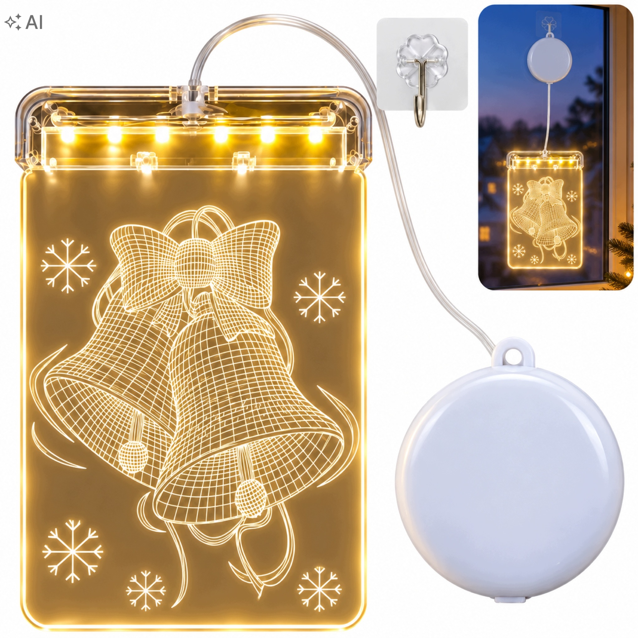 Vánoční 3D Led vitráž na okno Zvonky 17 cm teplá bílá na baterie