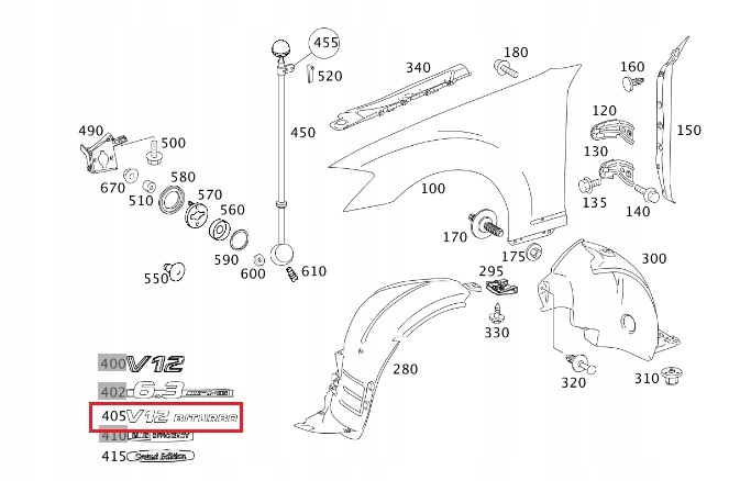 MERCEDES CL W216 SL R230 W221 Emblemat blotnika przod V12BITURBO ORYGINAL Stan opakowania oryginalne