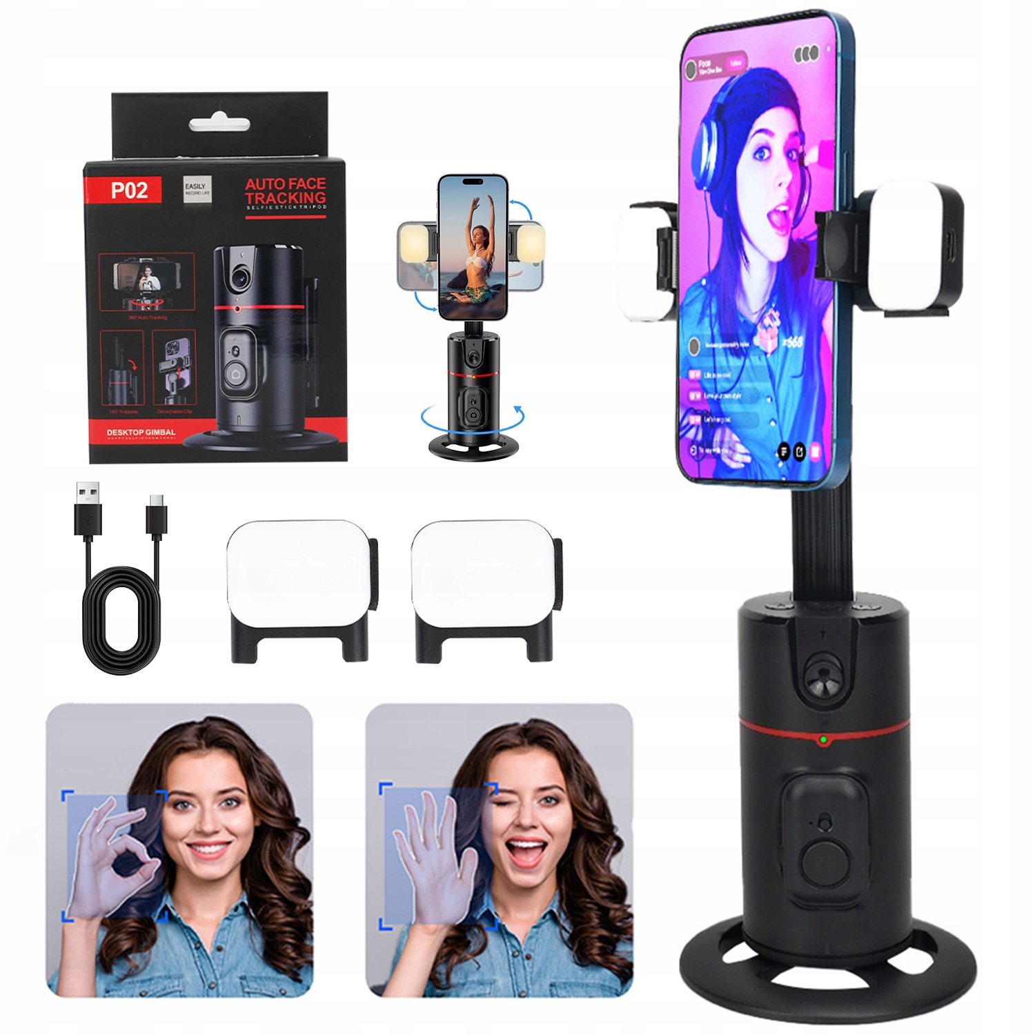 Automatický Stabilizátor 360° s dvojitými Led lampami, bílý