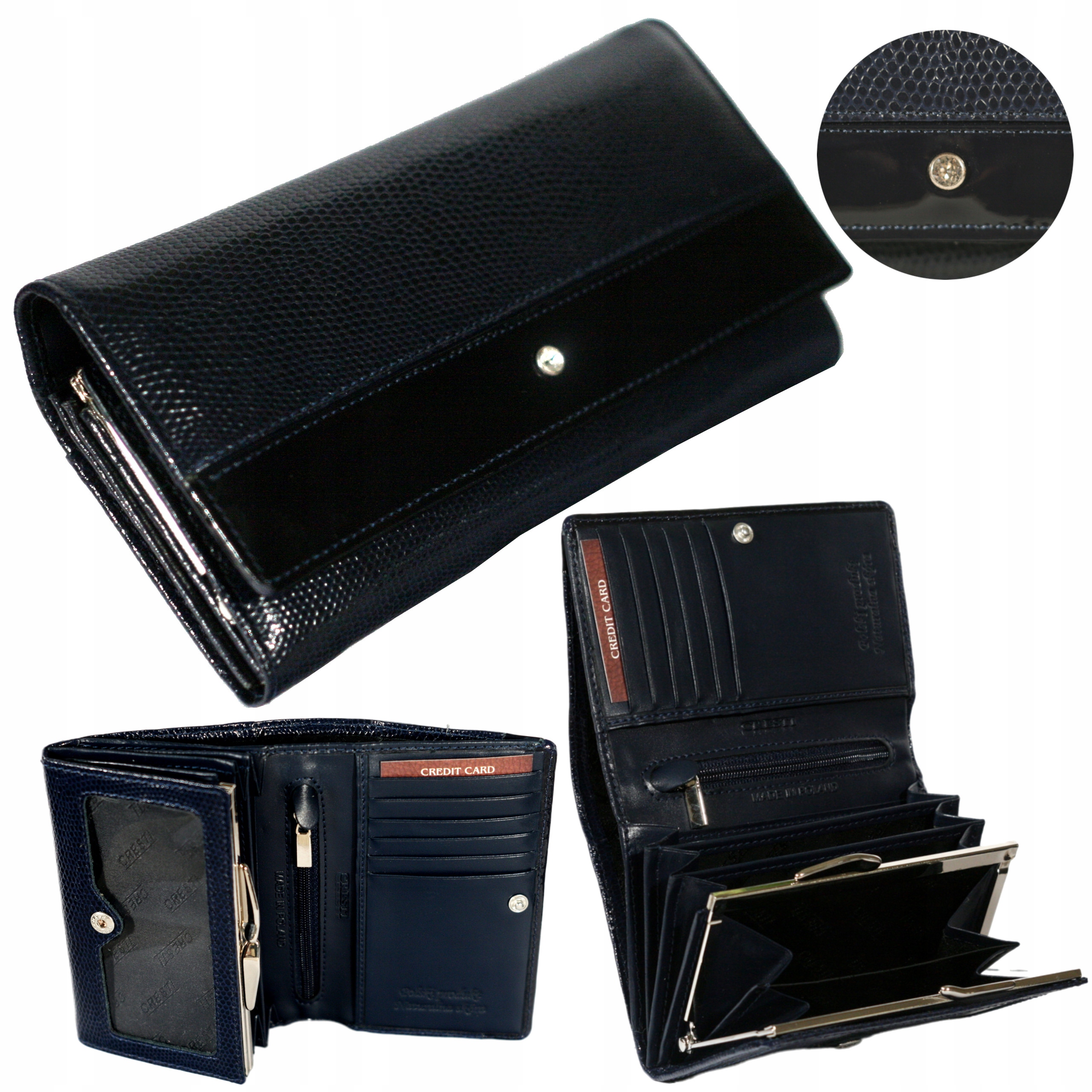 Dámská kožená peněženka s malými tmavě modrými krystaly Swarovski polská výroba