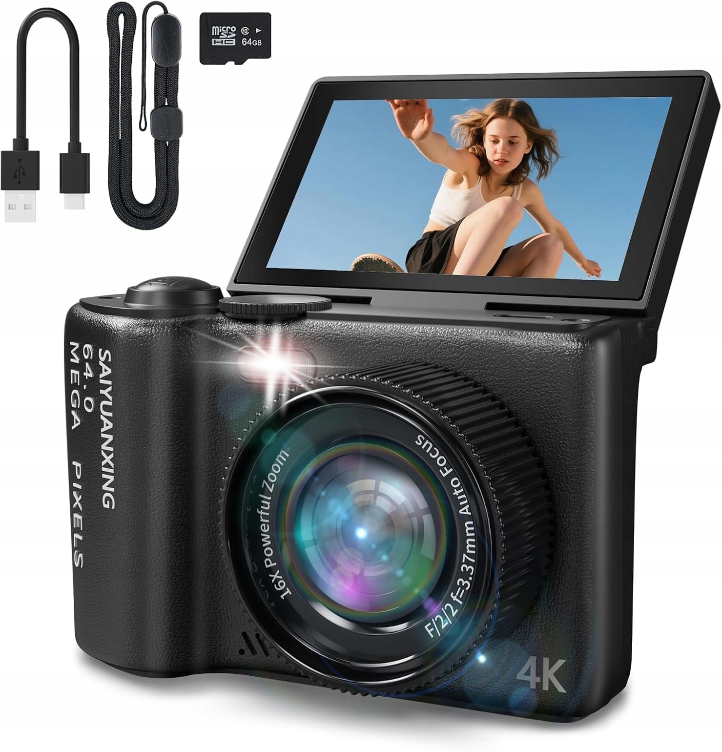 4K Digitální Kamera Pro Vlogování Saiyuanxing 64 Mp Displej Bluetooth