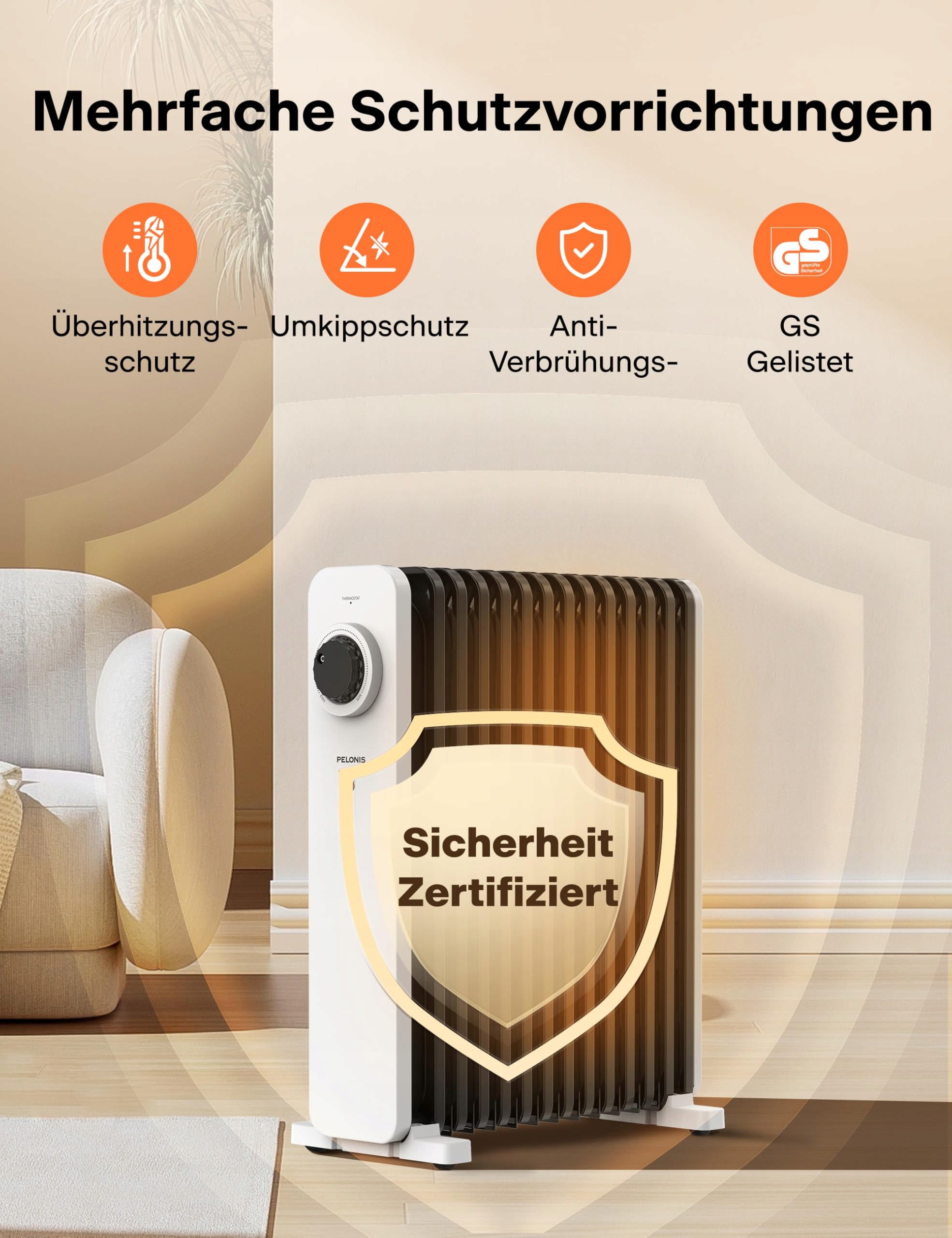 PELONIS Grzejnik Olejowy 2500W, 13 Żeberek, Termostat, 3 Poziomy — miniatura 6