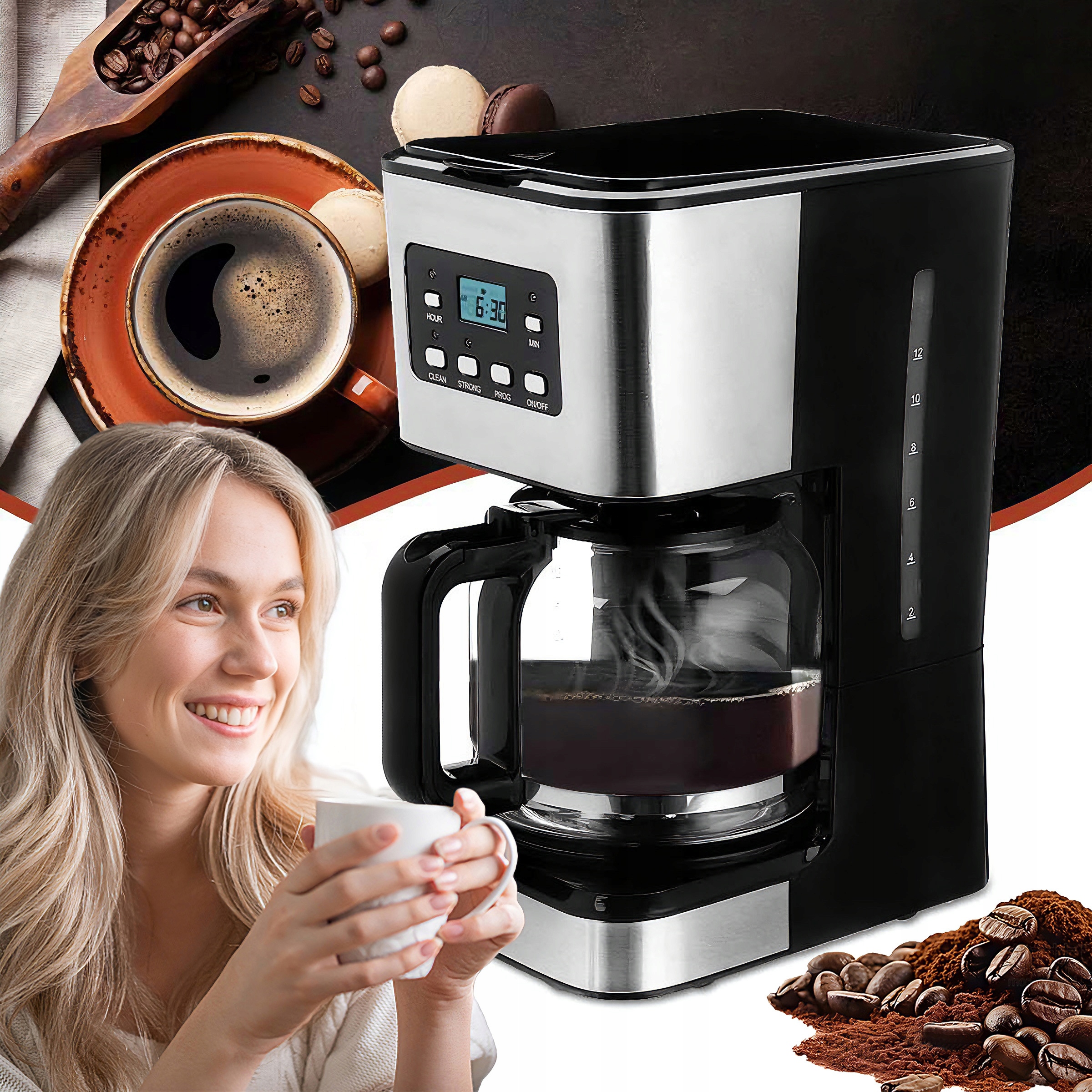 Ekspres Do Kawy Z Timerem 1.5L 950W Funkcja Podgrzewania System Antykapania