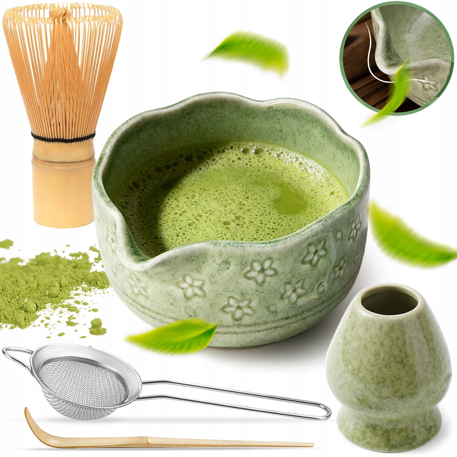 Herbata Matcha Japońska Zestaw Miotełka Pędzel Stojak Łyżką Prezentowy 5W1