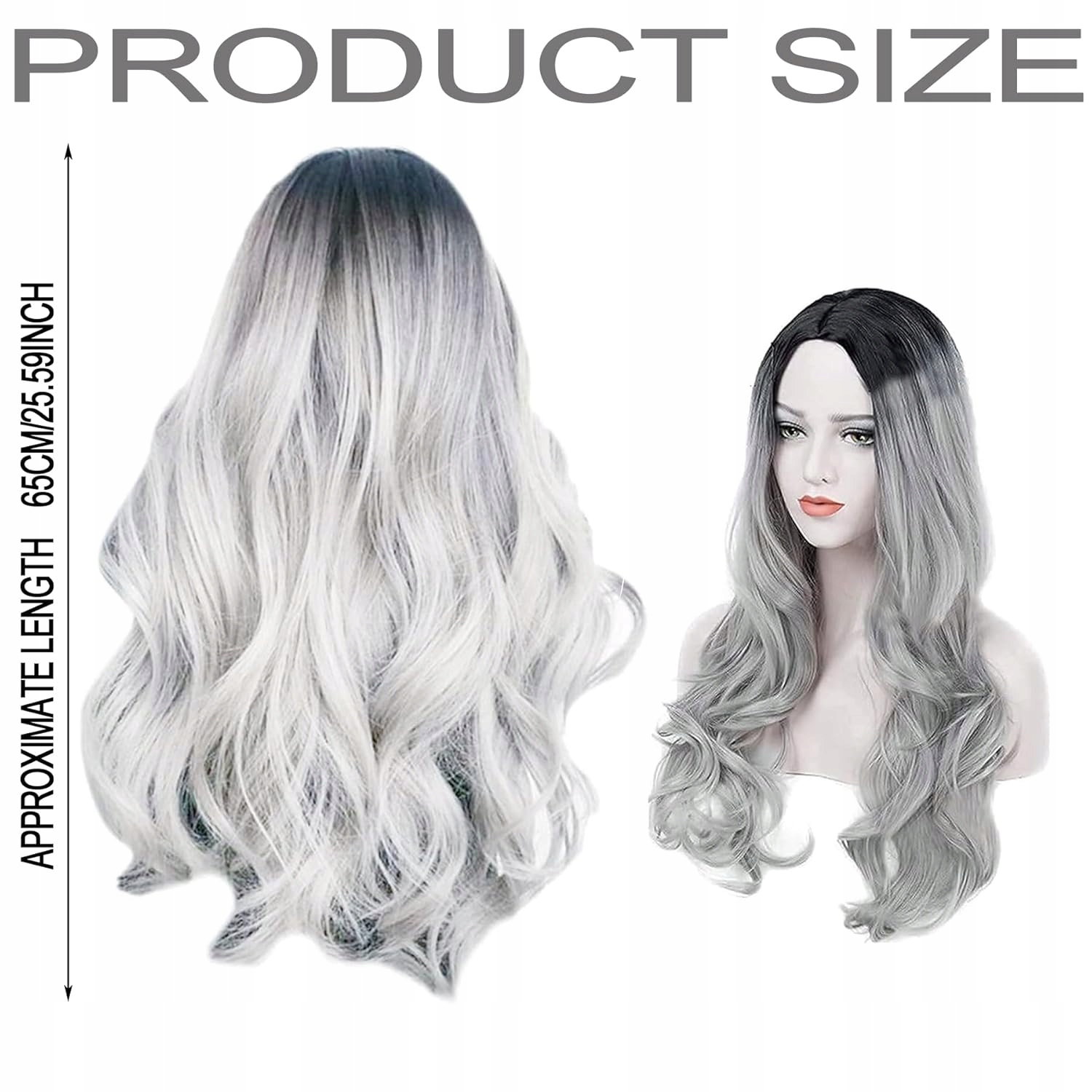 2x Syntetická paruka Umělé vlasy Stříbrně šedá Ombre vlnité 65 cm