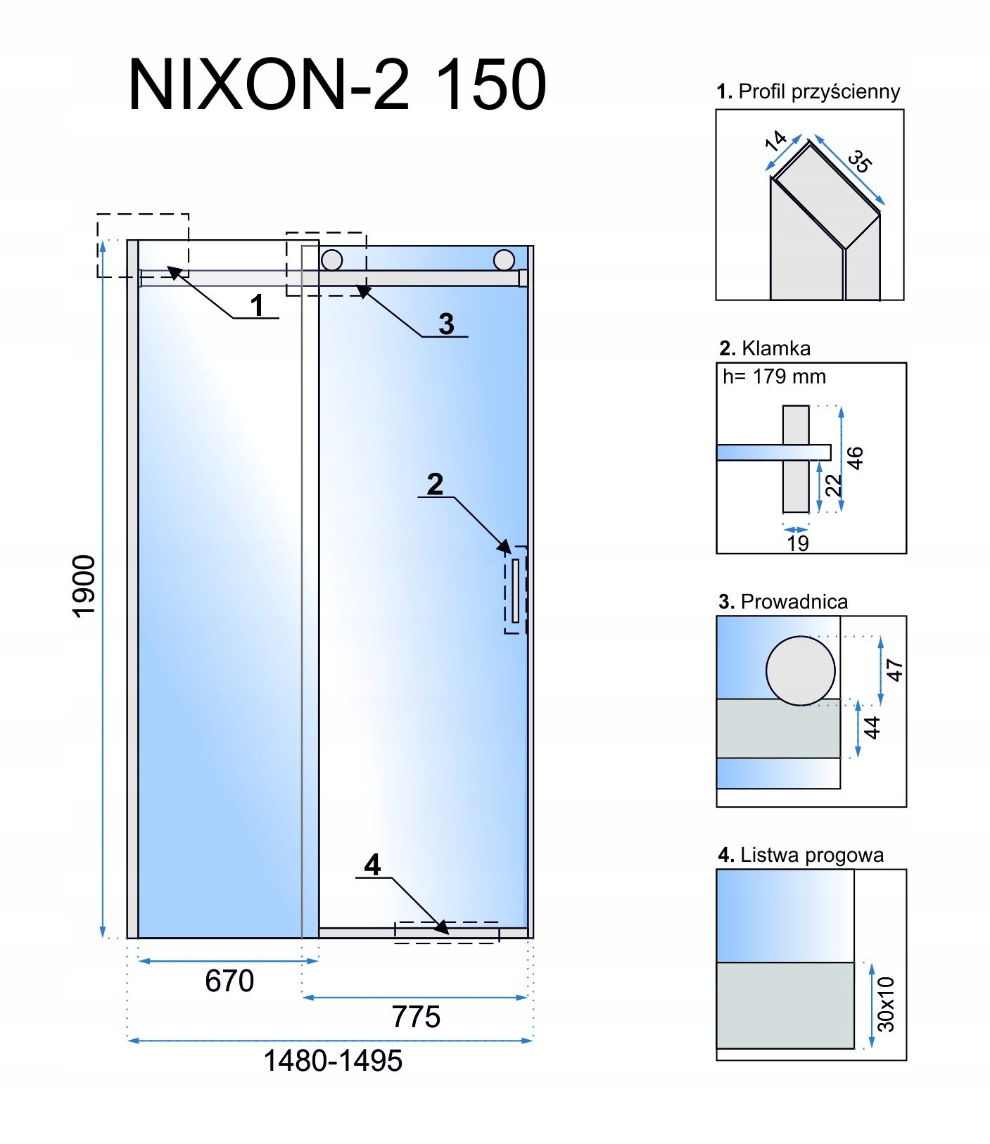 Sprchové dvere posuvné 8 mm Nixon 150 Pravé Hmotnosť produktu s jednotkovým balením 51 kg