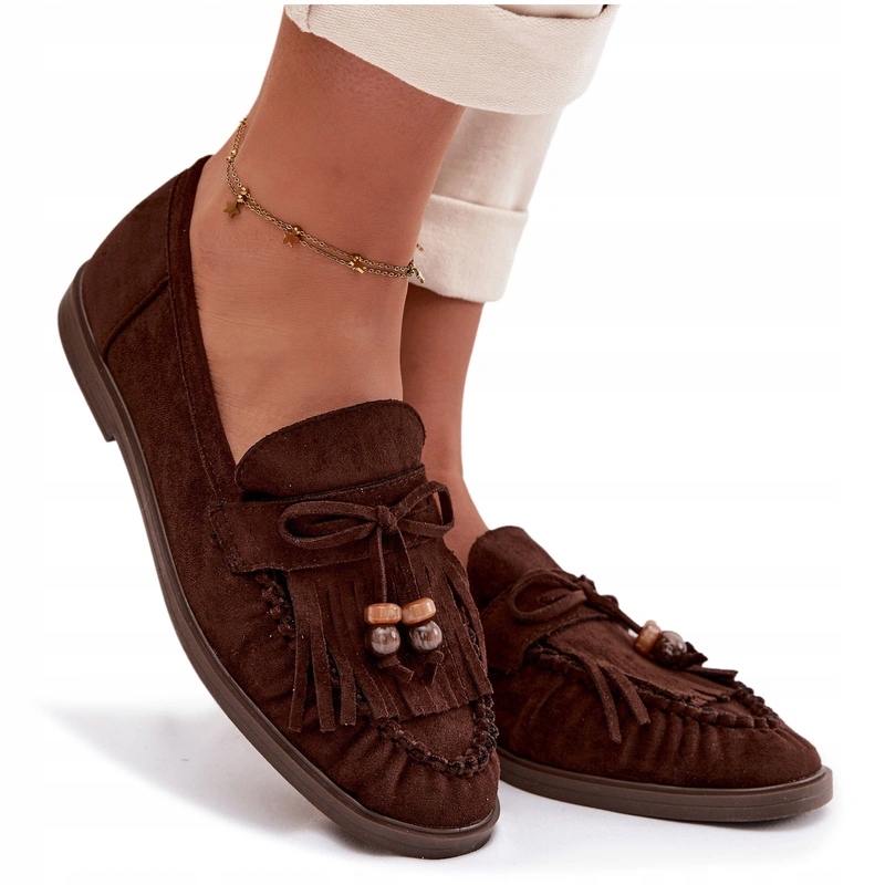 Mokasyny Damskie Eko Zamszowe Z Frędzlami I Koralikami Czekoladowe 40