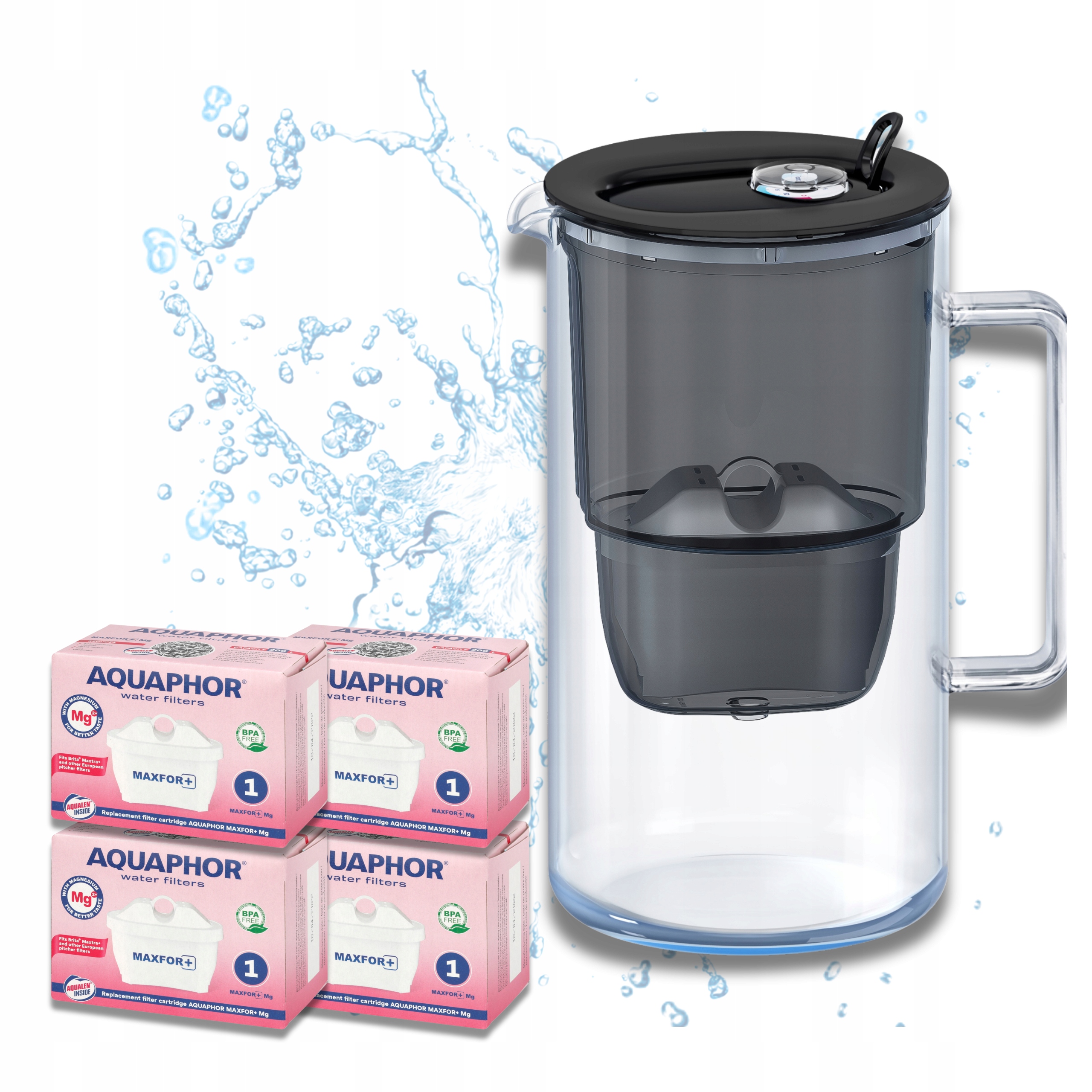 Dzbanek filtrujący szklany Aquaphor Glass, czarny 4 filtry Maxfor+ Mg