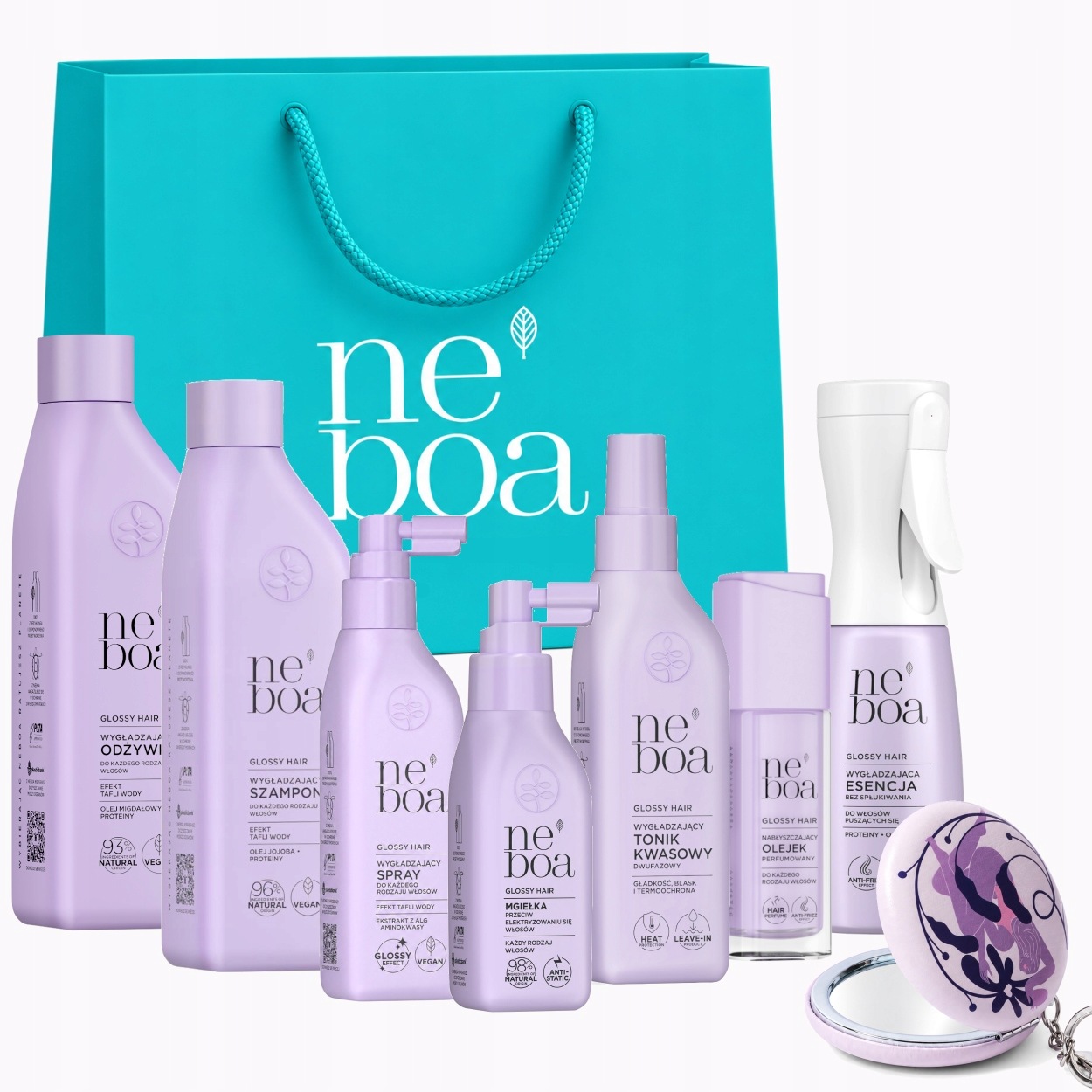 Zestaw Neboa Glossy Wygładzenie do włosów puszących się+ Lusterko