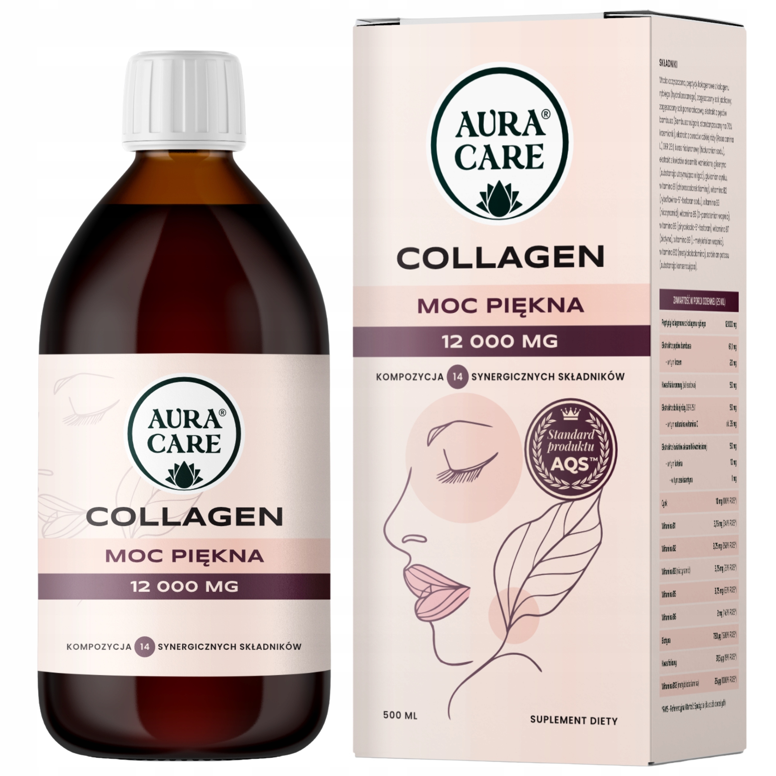 Kolagen Aura Care Collagen Moc Piękna- witaminy biotyna Luteina Cynk 500ml