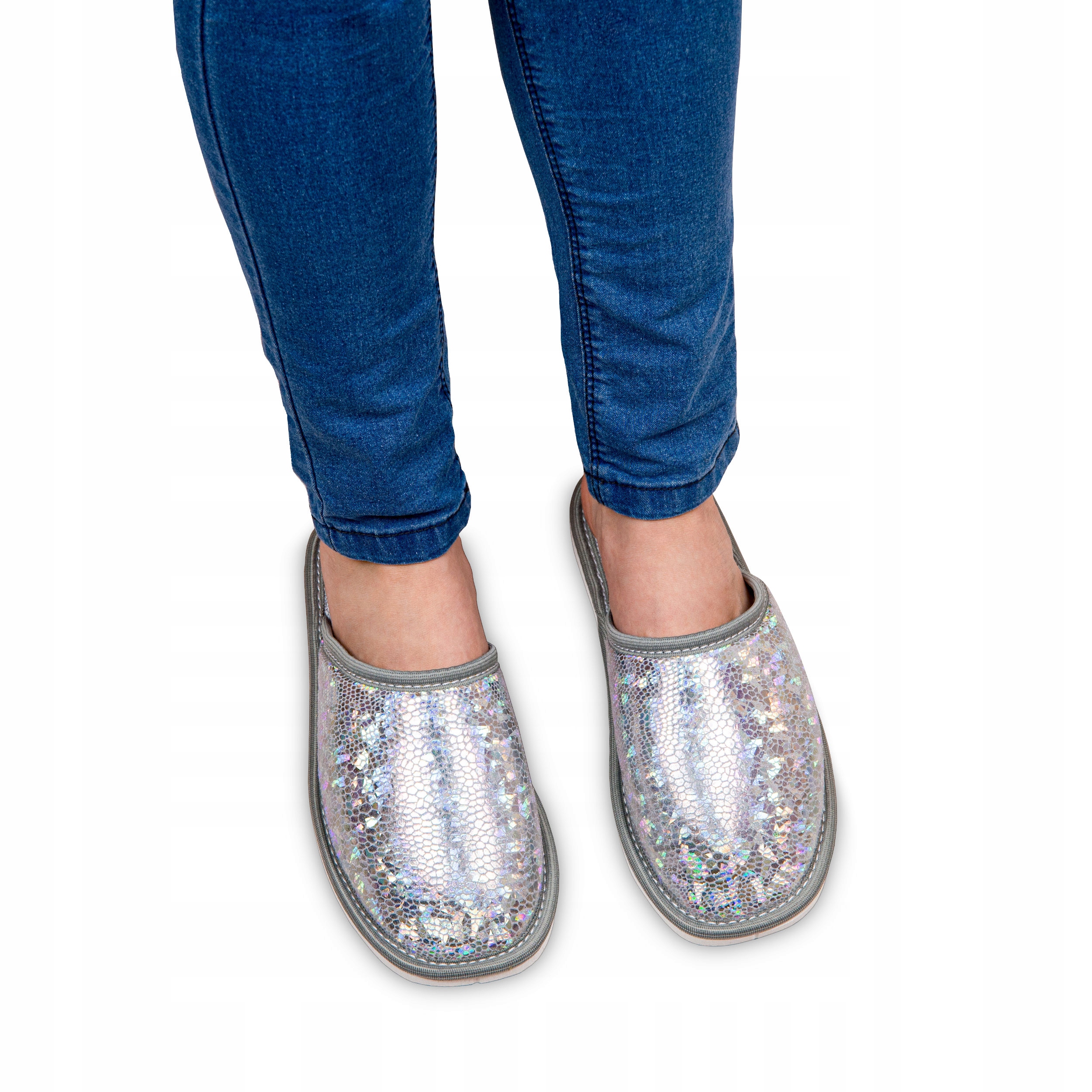 

Klapki kapcie damskie metaliczne do domu tekstylne