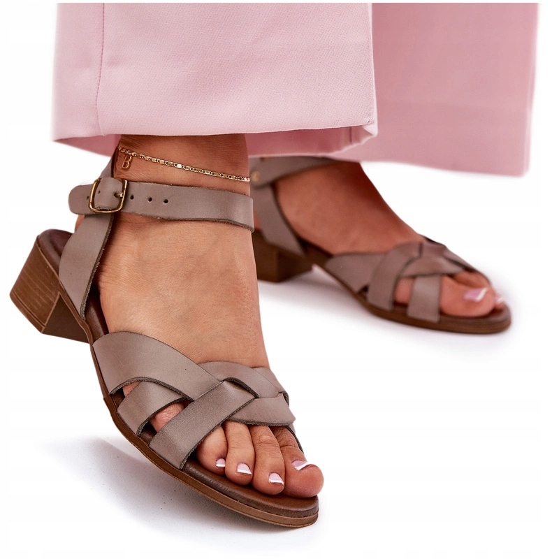 Dámské Sandály Přírodní Kůže Nízký Podpatek Kostka Zazoo 40372 Béžová 39