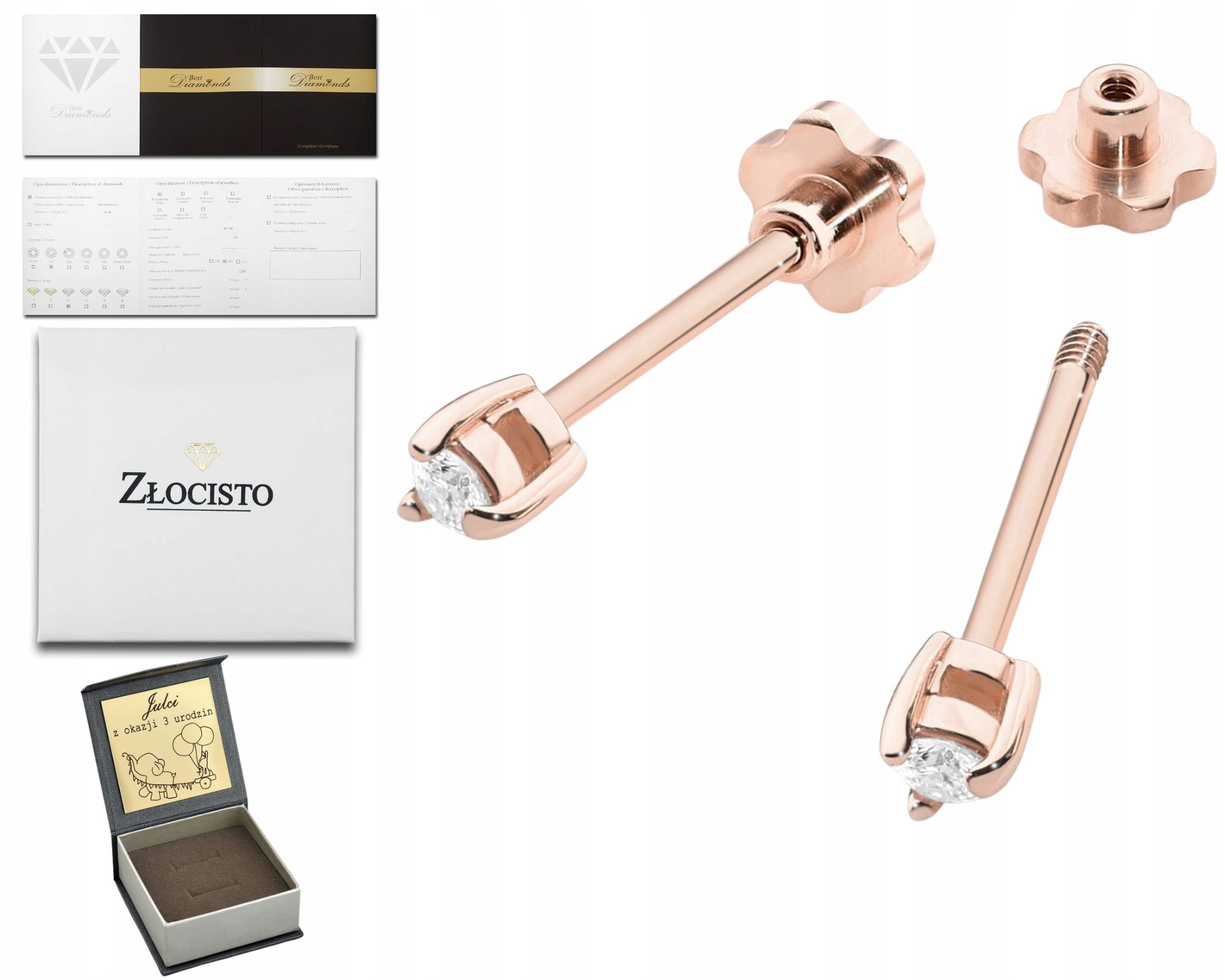 Růžové Zlato Náušnice Šroubovací Tyčinka Diamanty Zlato 585 Dárek Gravírování