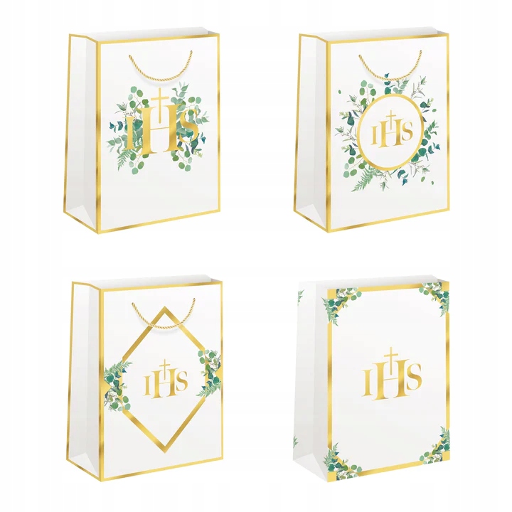 Torebka na prezenty komunijne IHS Eukaliptus mała mix wzorów KOMUNIA