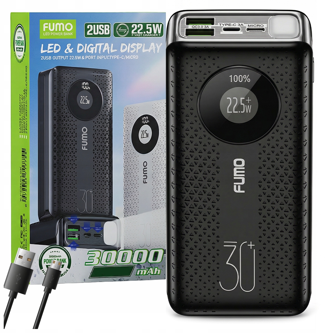 Powerbank Fumo Szybkie Ładowanie 30000mAh 22.5W Usb-c Usb-a Pd Qc 3.0