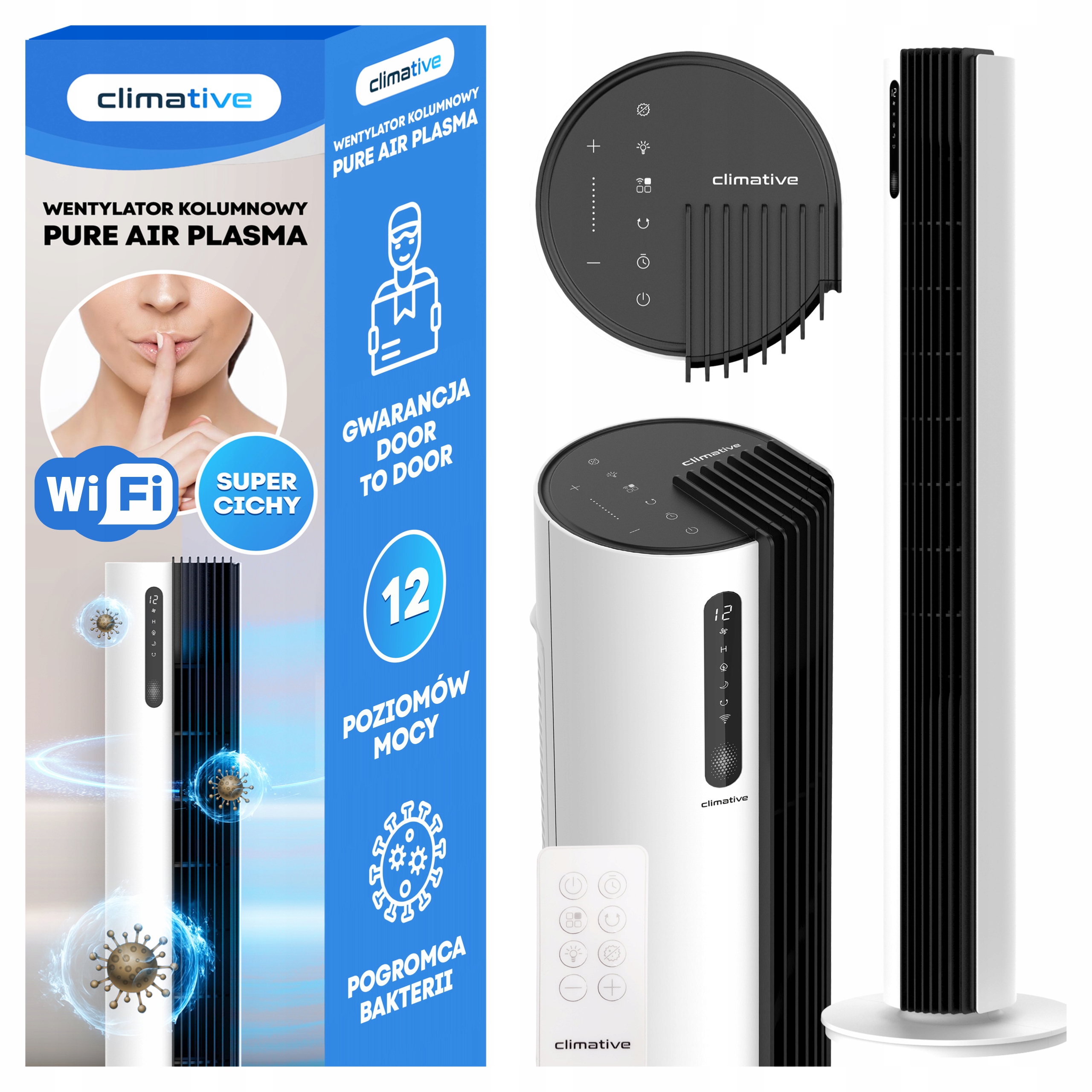 Výkonný tichý sloupový ventilátor Wifi 12 úrovní Pure Plasma Ionizace XXL