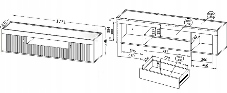 Nowoczesna Szafka RTV 177 cm Biały 2D1SZ ROSA DL 3 kolory Wysokość mebla 51 cm