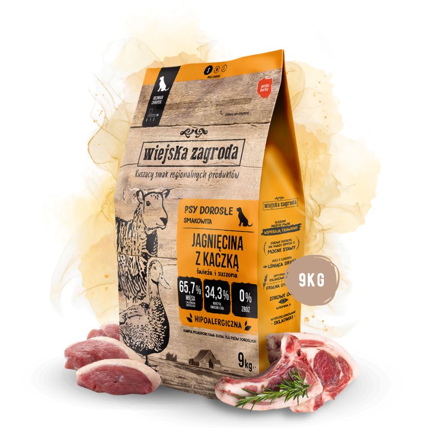 Levně Wiejska Zagroda Krmivo suché pro psa Jehněčí Kachna Krůta Malá plemena S 9 kg