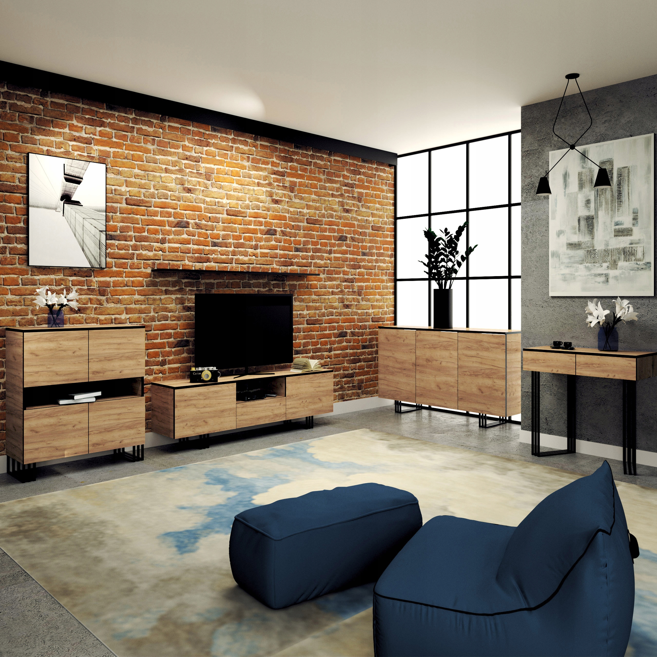 KONSOLA LOFT STOLIK WOLNOSTOJĄCY SYSTEM KLARA STELAŻ METAL DĄB CRAFT ZŁOTY Marka AgatMebleGrzybek