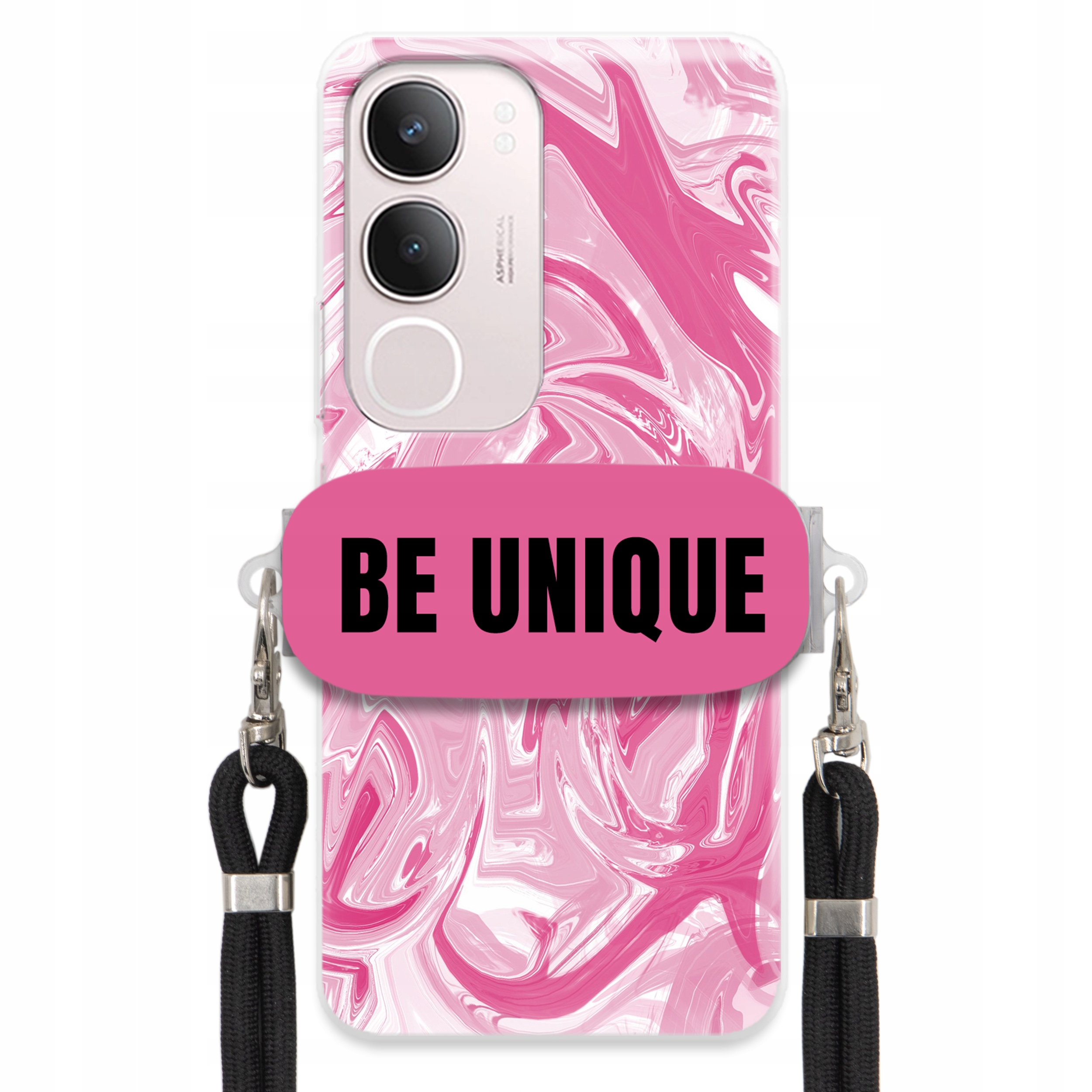 pouzdro na Vivo Y19S 4G Case Uchytka Šňůrka Černá Růžová Mramor Be Unique
