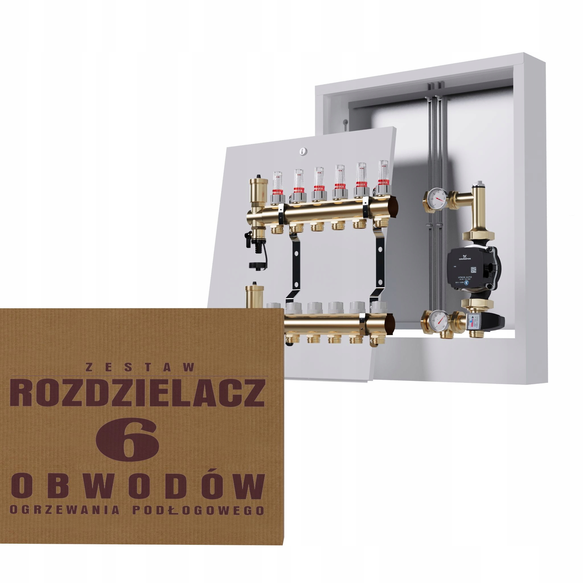 Rozdělovač pro podlahu 6 okruhů s čerpadlem Grundfos nástěnný box