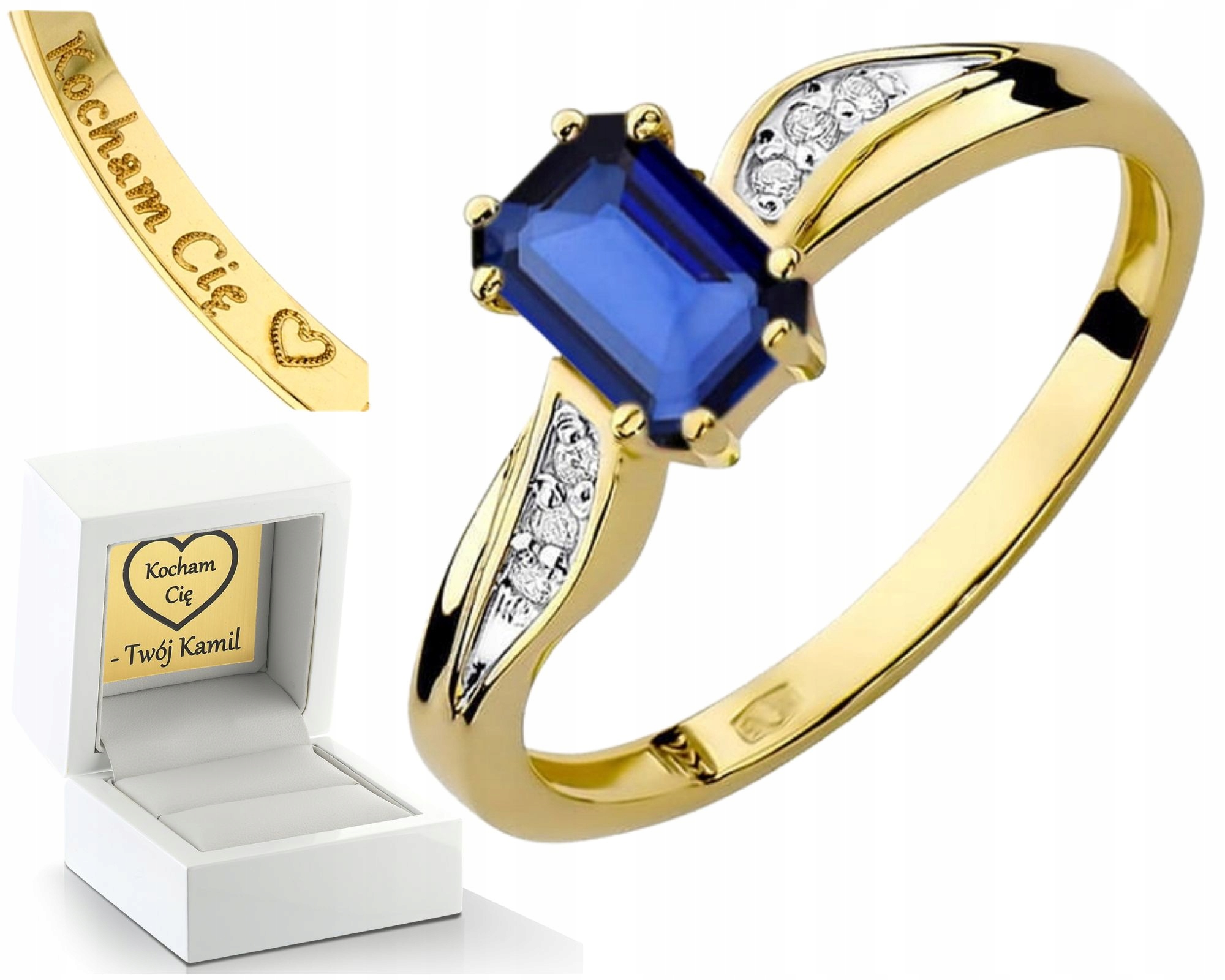 Prstýnek S Modrým Safírem A Diamanty, Zlatý Dárek 585