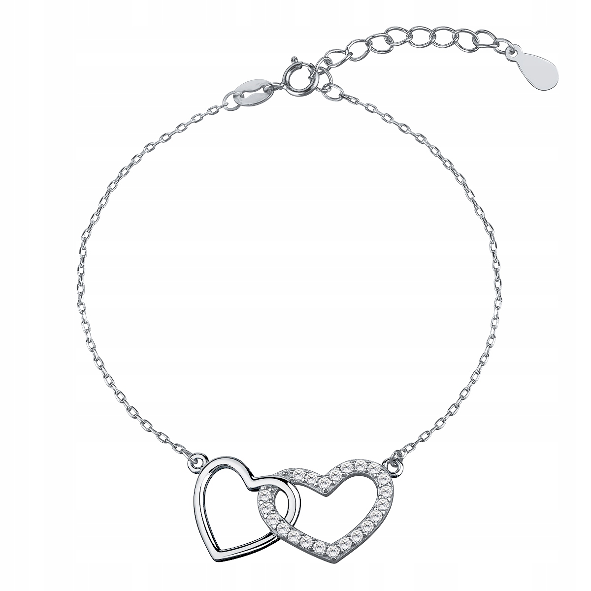 Stříbrný Náramek p925 rhodiovaný se zirkony Dvě srdce Srdíčka Dárek