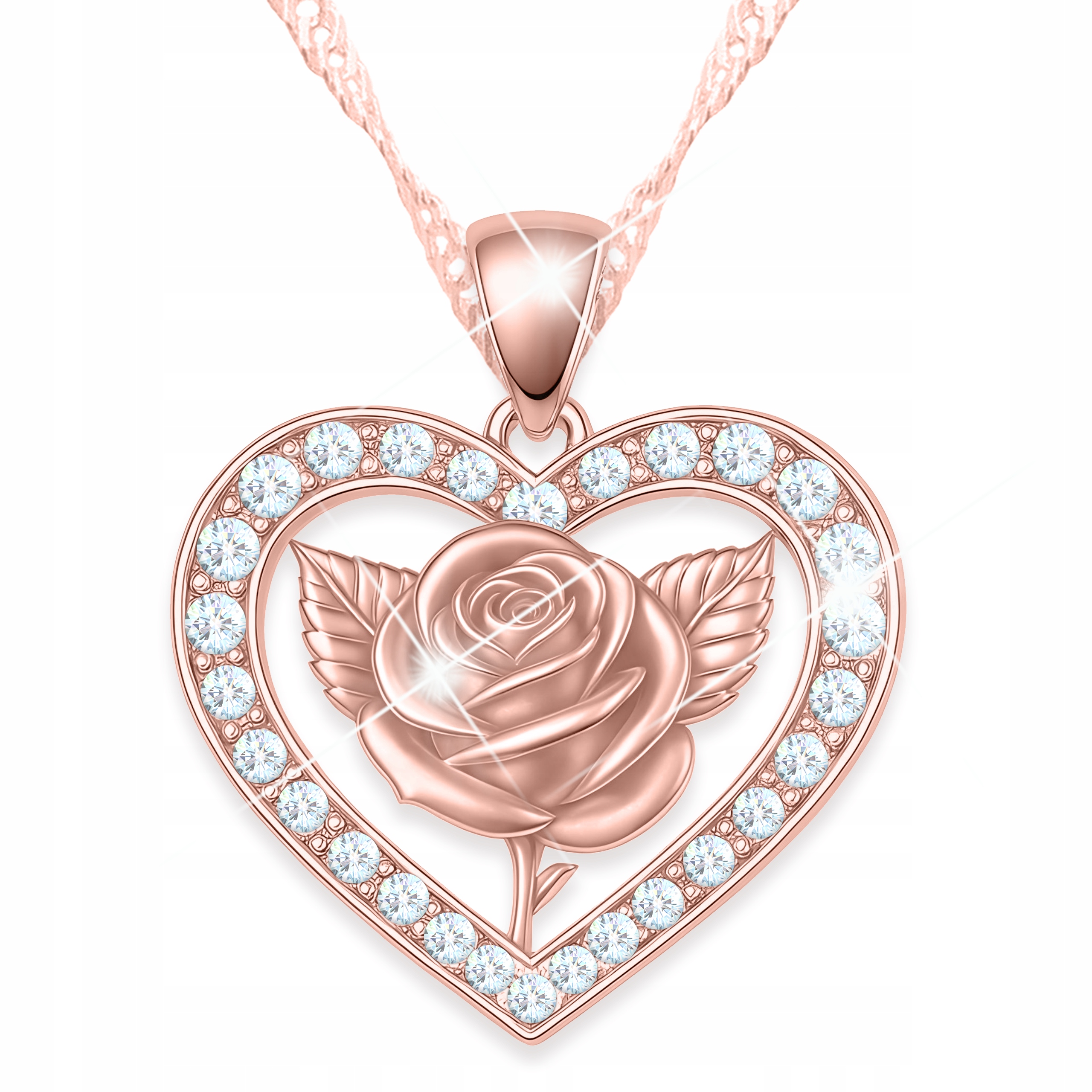 Pozlacený náhrdelník s květem růže srdce s bílými krystaly Stříbro 925