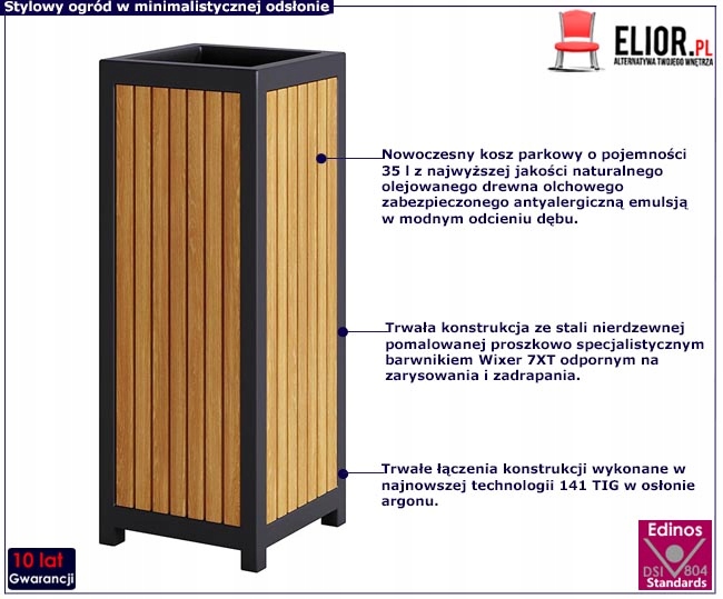 KOSZ NA ŚMIECI OGRODOWY PARKOWY DO OGRODU METAL I DREWNO 35 L == DĄB Kod producenta L-0239