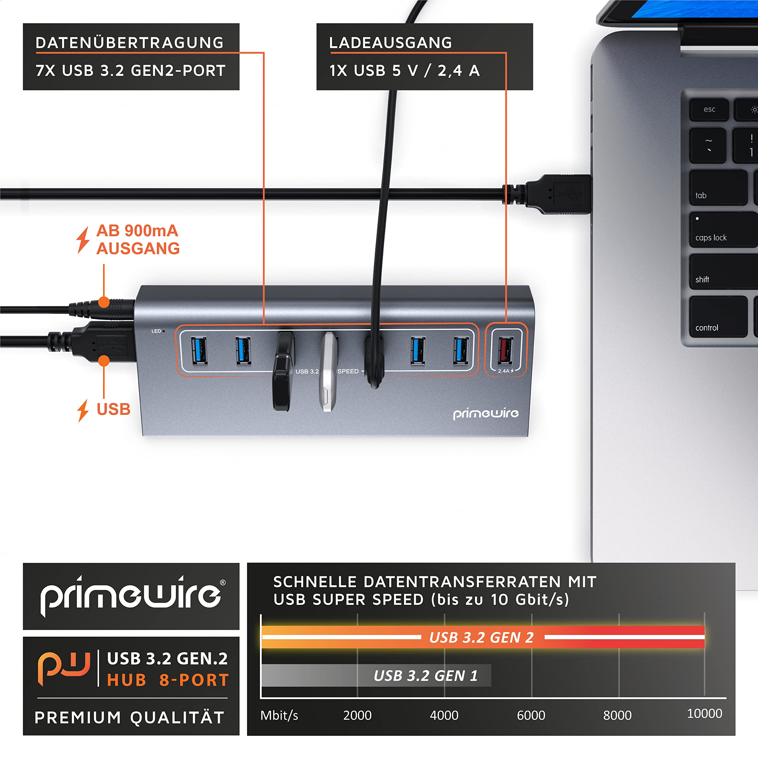 CSL 8 Portowy Hub USB 32 Gen2 10 GBit/s Zasilacz PC Laptop Tablet — miniatura 5