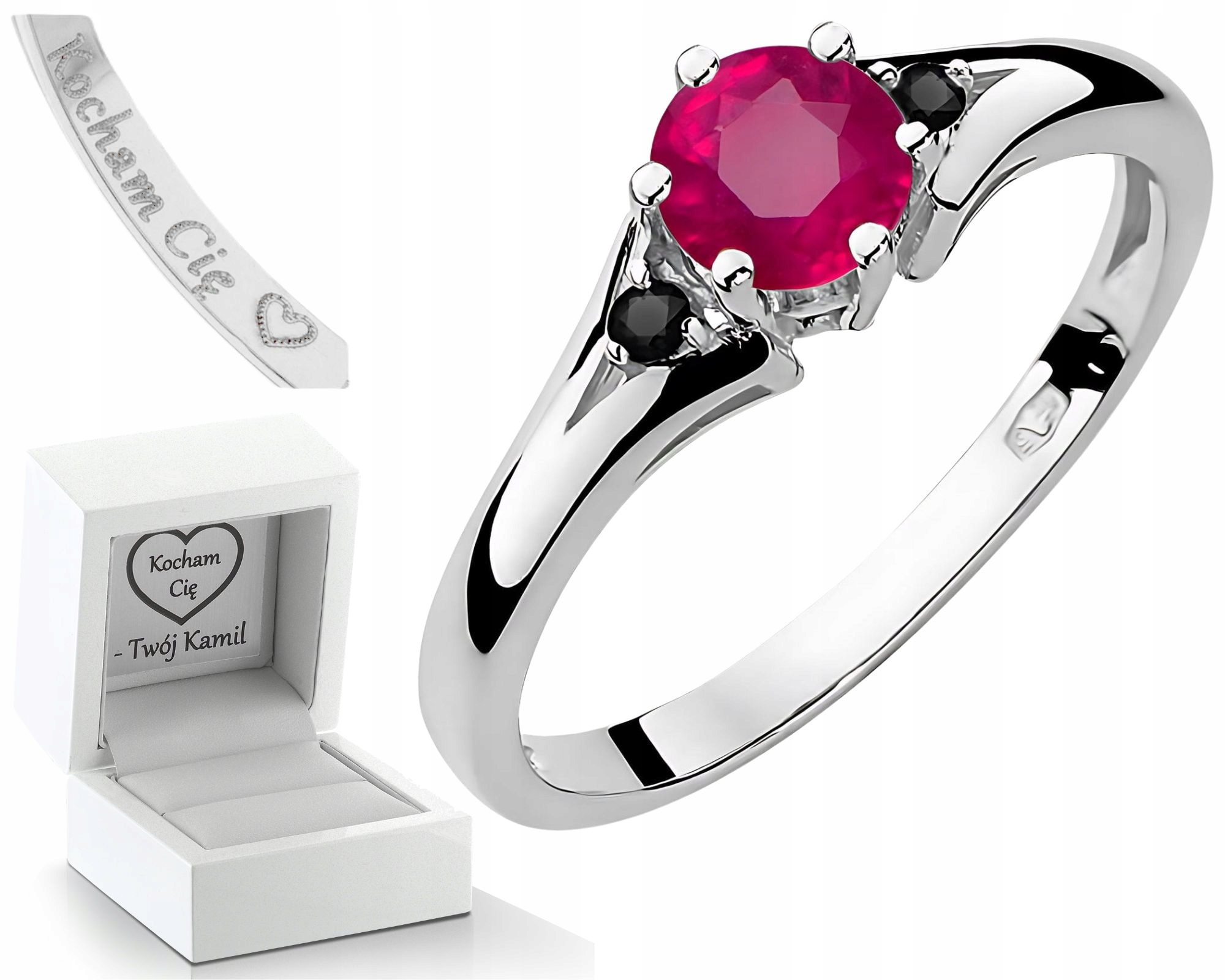 Prstýnek Z Bílého Zlata S Rubíny A Černými Diamanty, Zlatý Dárek 585