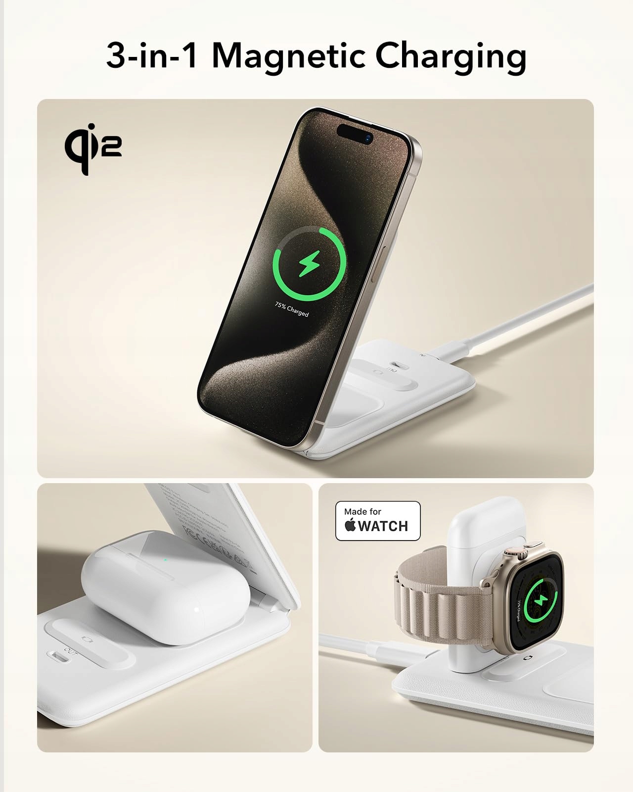 ESR Stacja Ładowania 3w1 Qi2 Do iPhone Watch AirPods 15W Biała — miniatura 7