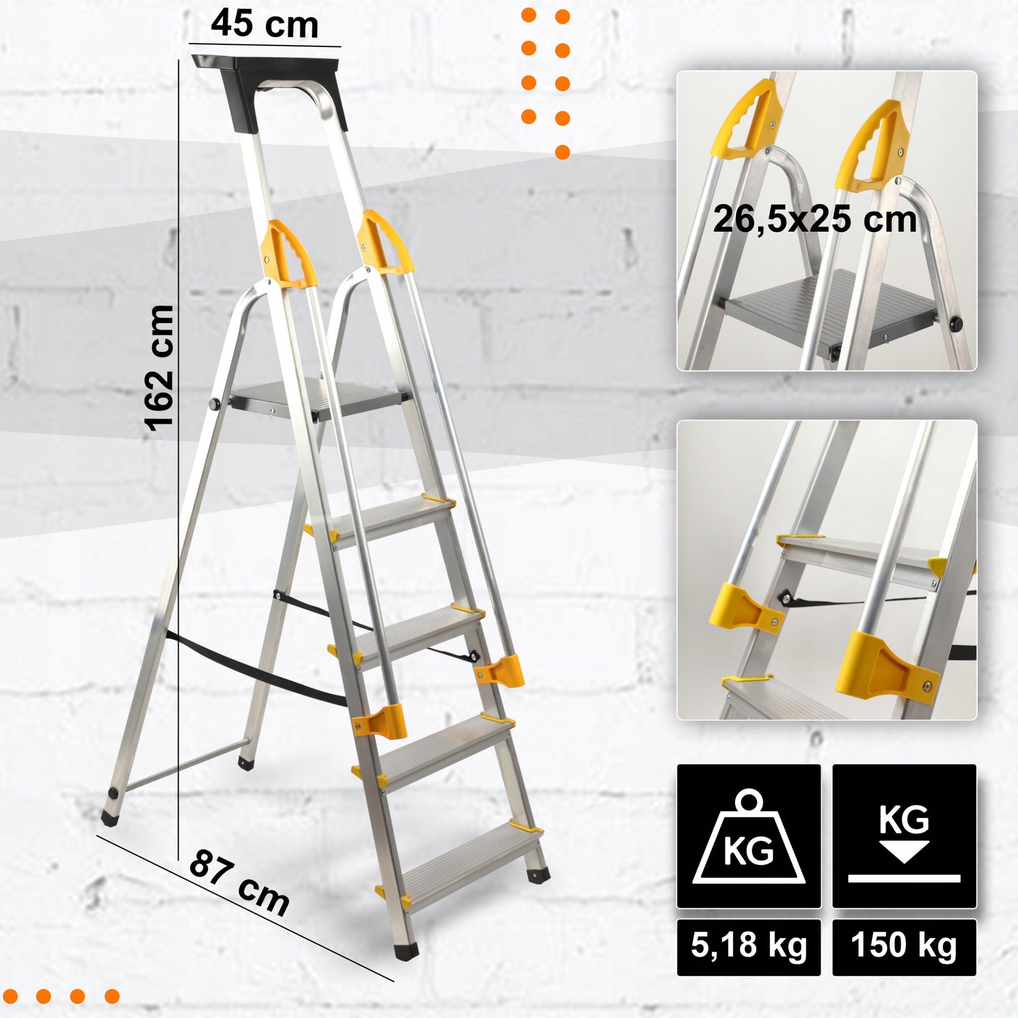 DRABINA DOMOWA 5 STOPNIOWA Z PORĘCZAMI 150kg Marka Kadax
