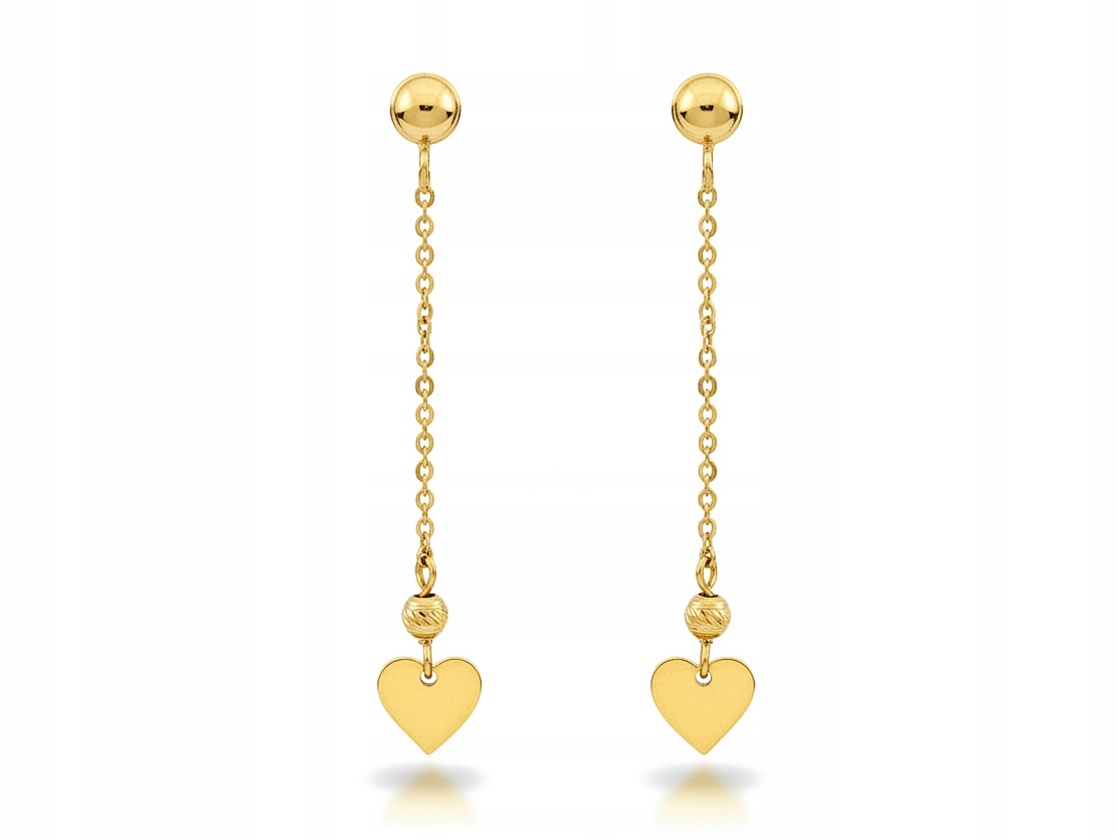 Náušnice Zlaté 585 závěsné dlouhé s kuličkou a srdcem, ideální pro den žen
