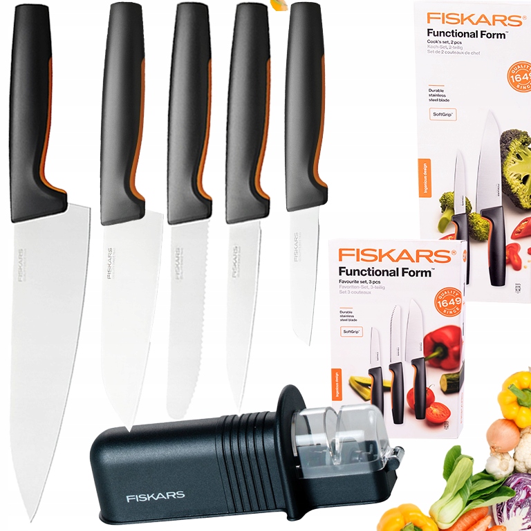Fiskars Komplet Zestaw 5 Noży Kuchennych Do Warzyw Owoców Szefa Ostrzałka