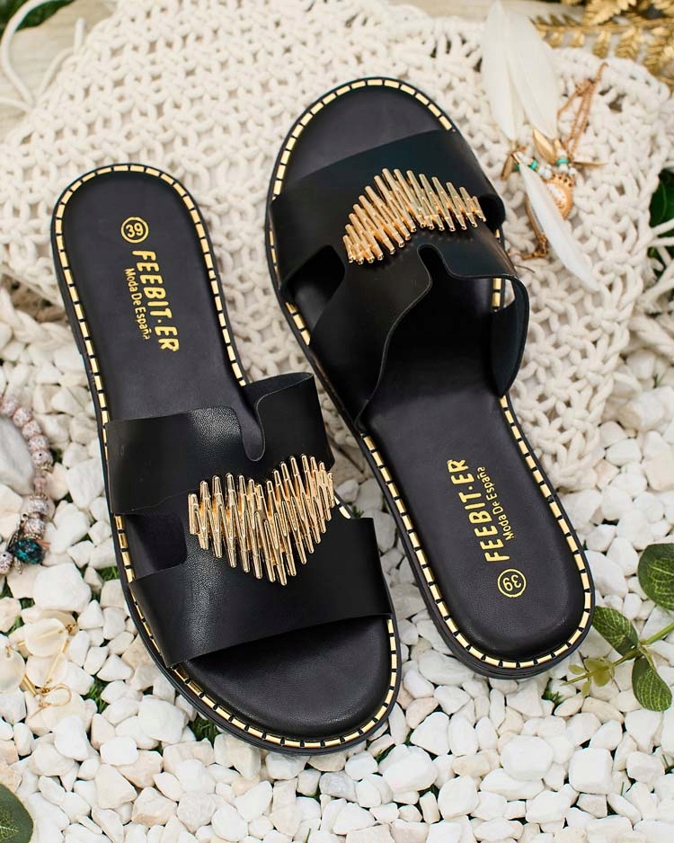 CZARNE KLAPKI Z OZDOBĄ DAMSKIE OLIS 40 Wzór dominujący bez wzoru