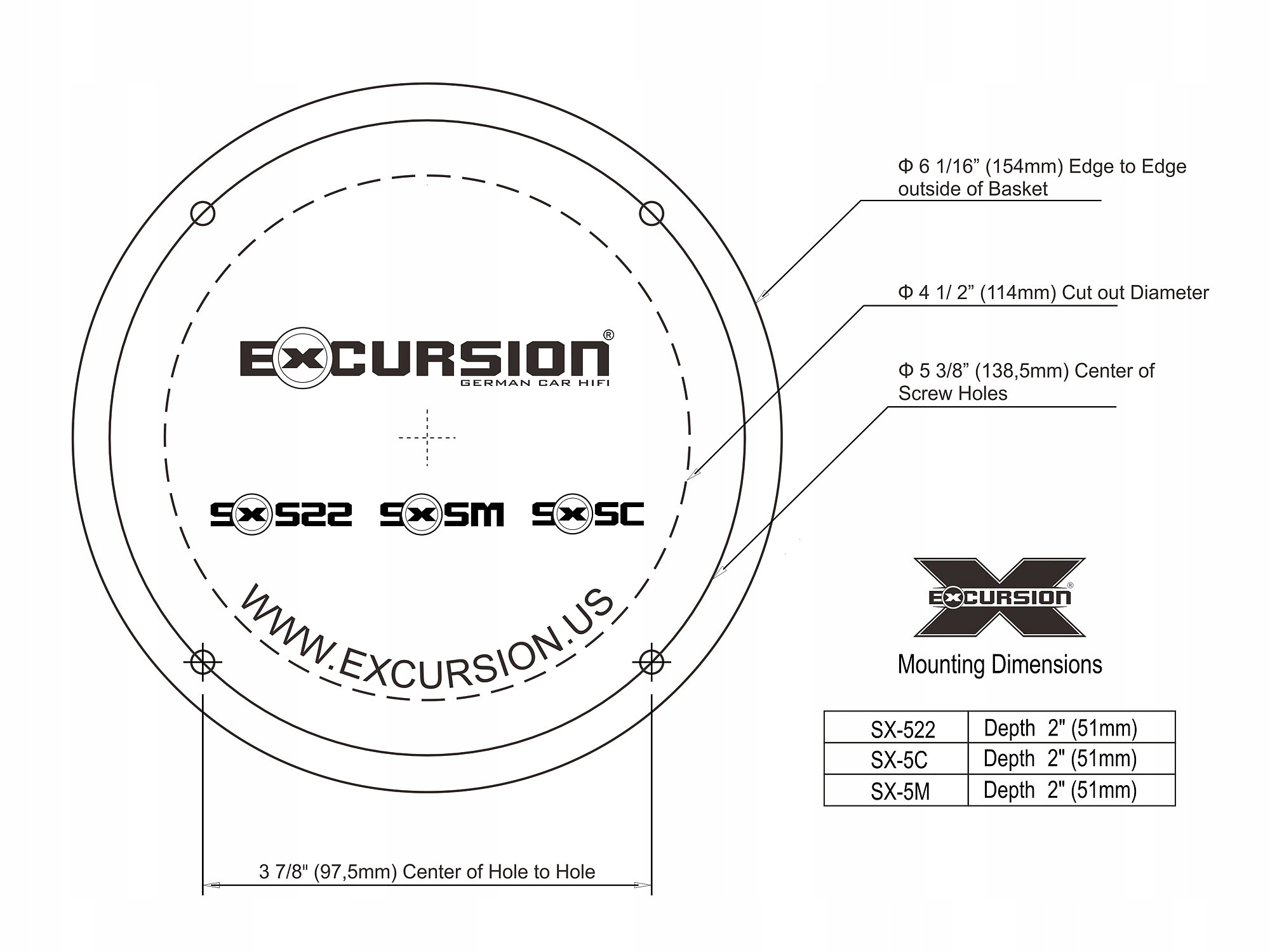 Excursion SX-5.3C Zestaw głośników samochodowych system 3drożny 13cm 130mm Model SX-5.3C