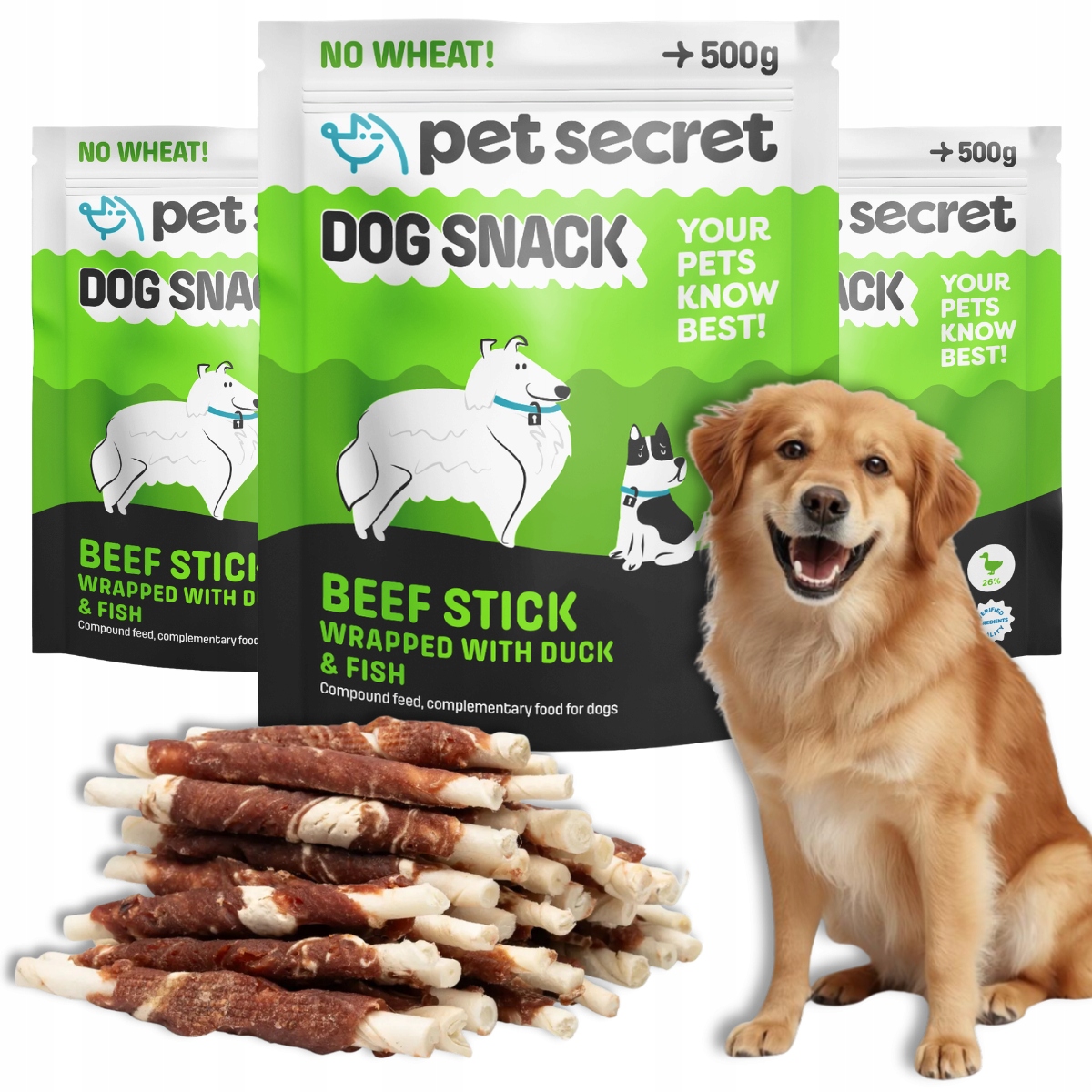 Levně Pochoutky pro psa 3x500 g Hovězí tyčinky z kachního a rybího masa Pet Secret