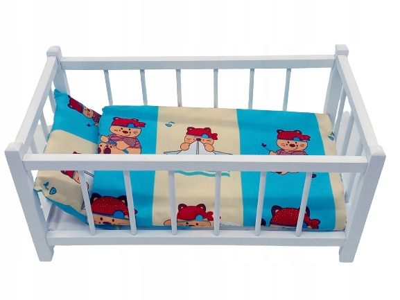 BIAŁE DREWNIANE ŁÓŻECZKO DLA LALEK + POŚCIEL 3 elementy