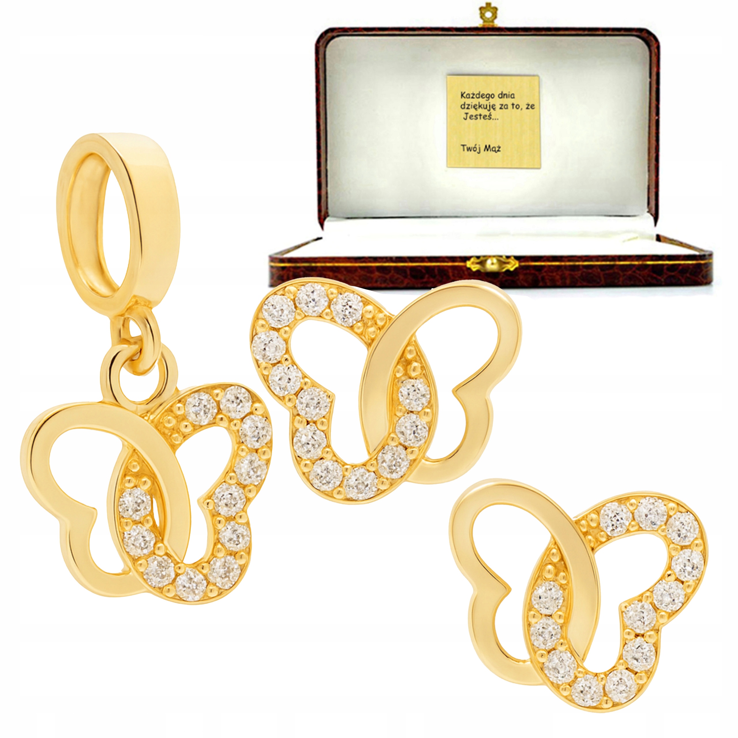 Zlatý komplet šperků 585 sada náušnice přívěsek motýlci zirkoni 3díl