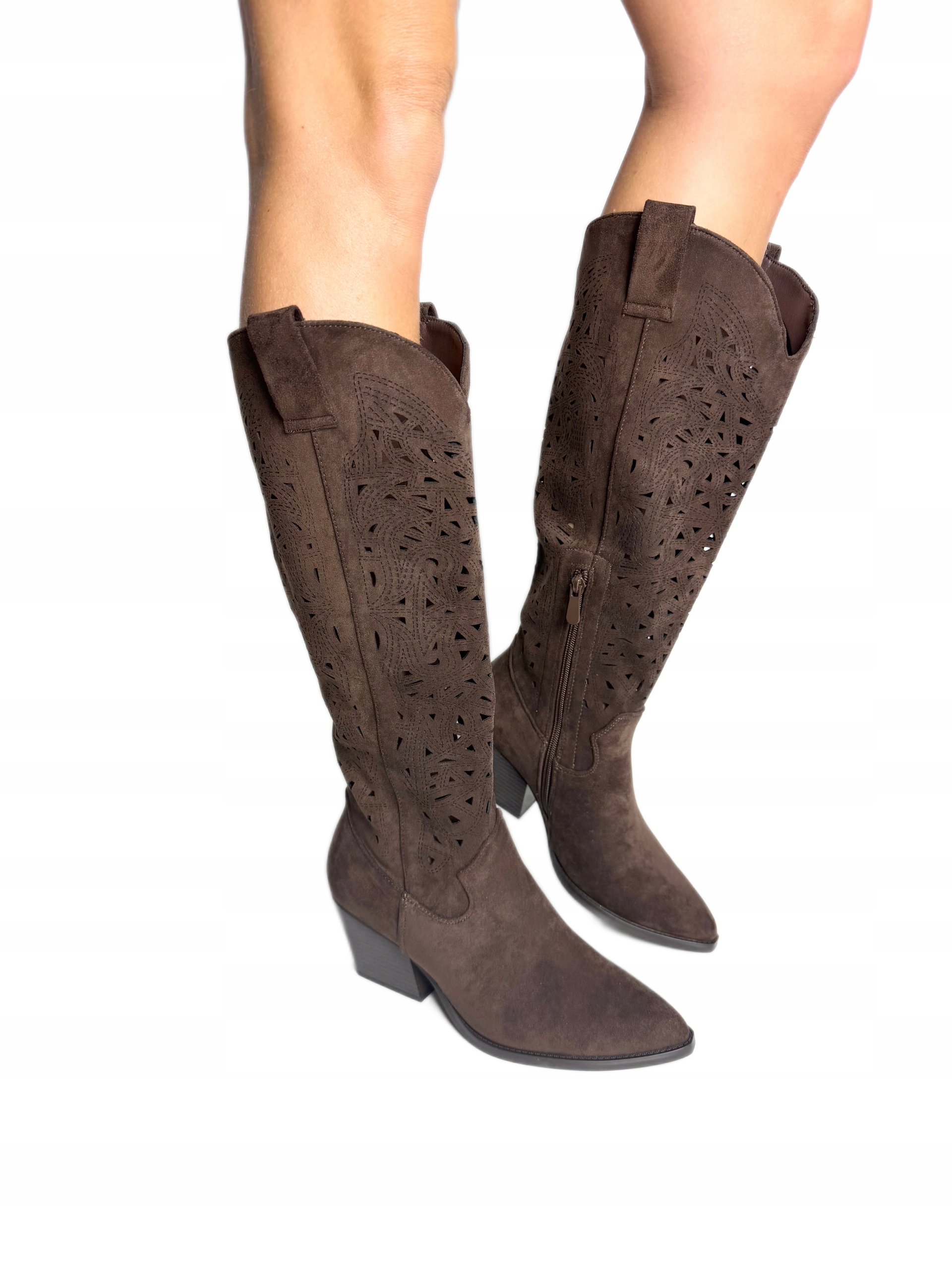 Kovbojské Boty hnědé dámské čokoládové ažurové kozačky velikost 41