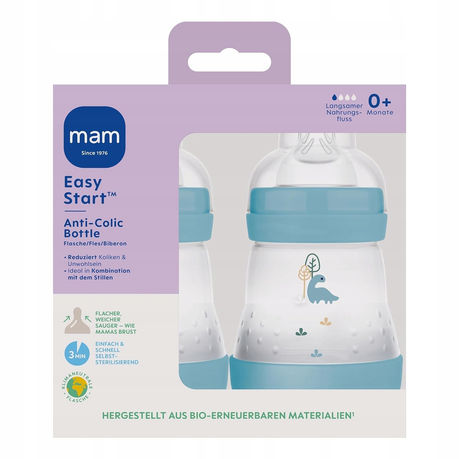 MAM Easy Start Antykolkowa Butelka Dla Niemowląt 2 Sztuki 160 ml Dino — miniatura 2