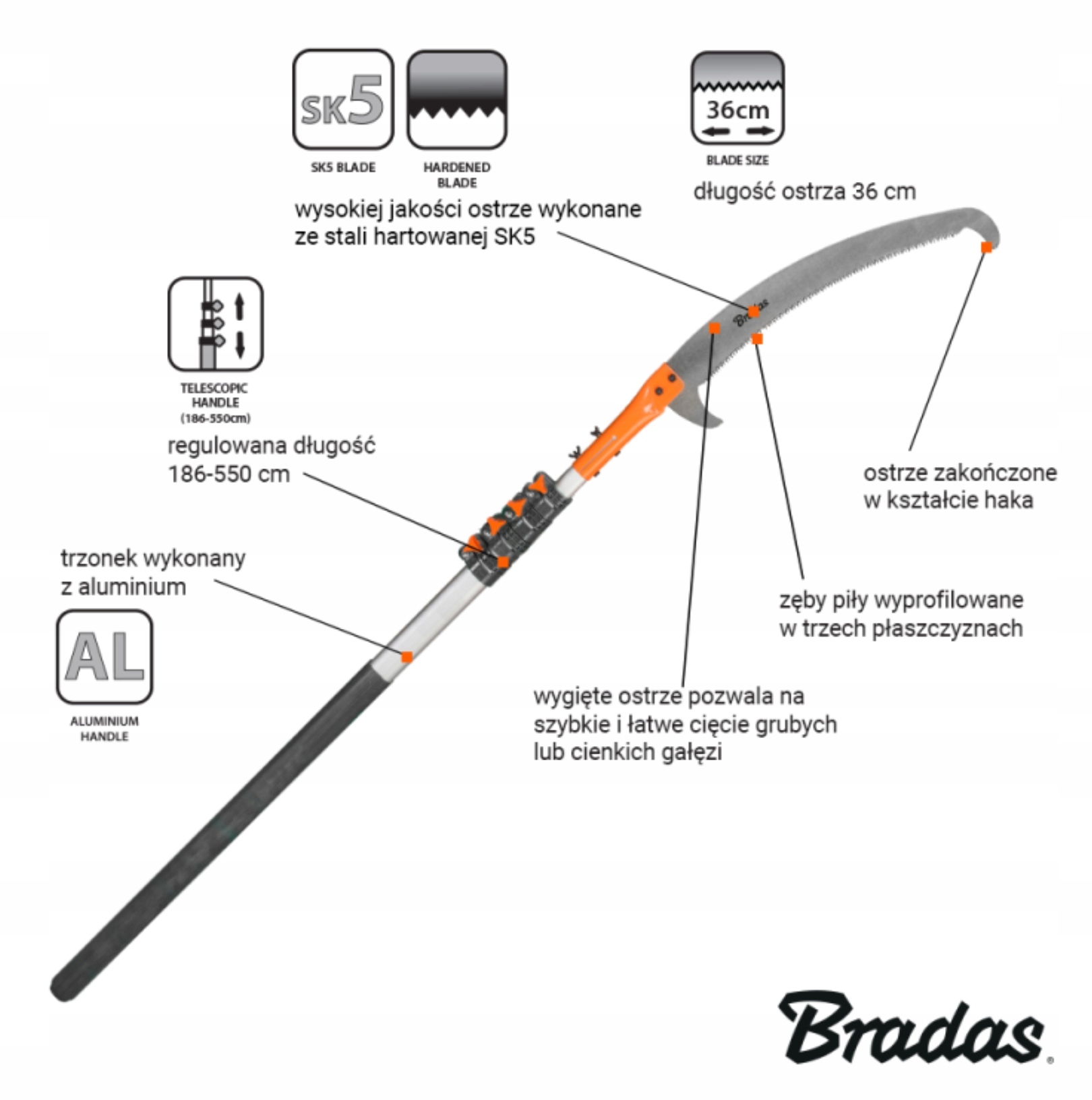 PIŁA DO DREWNA Z HAKIEM TELESKOPOWA TRZONEK 5,5M Długość prowadnicy 36 cm