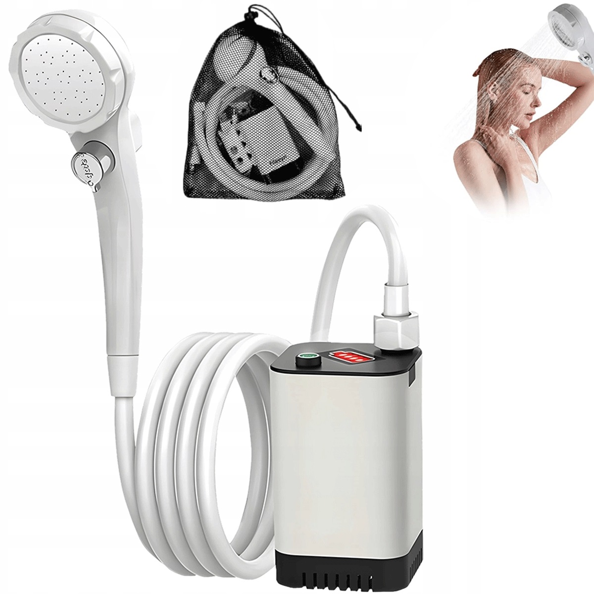 Cestovní sprcha 5200 mAh s pumpičkou a regulací průtoku 1.8 m hadice, bílá