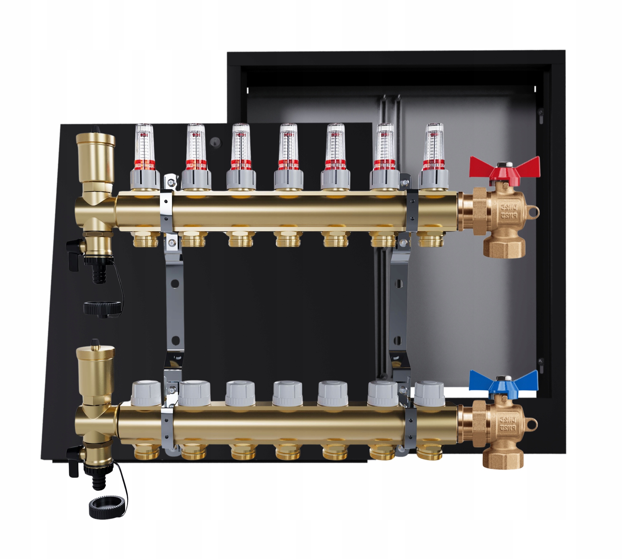 Rozdělovač mosazný podlahový 7 okruhů nástěnná skříňka černá ventily
