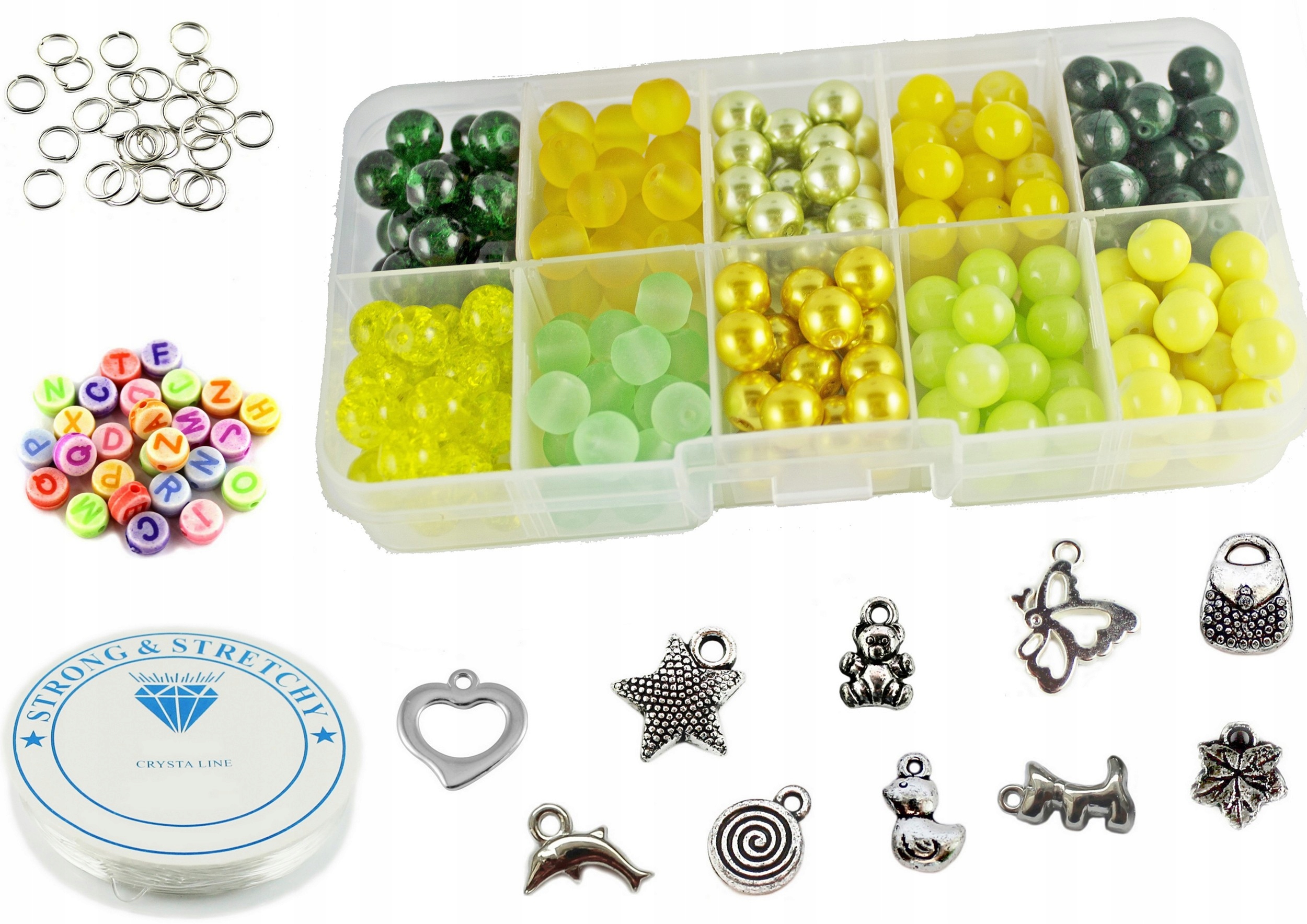 Koraliki Szklane 8mm Organizer 220szt Zestaw Żółto Zielony