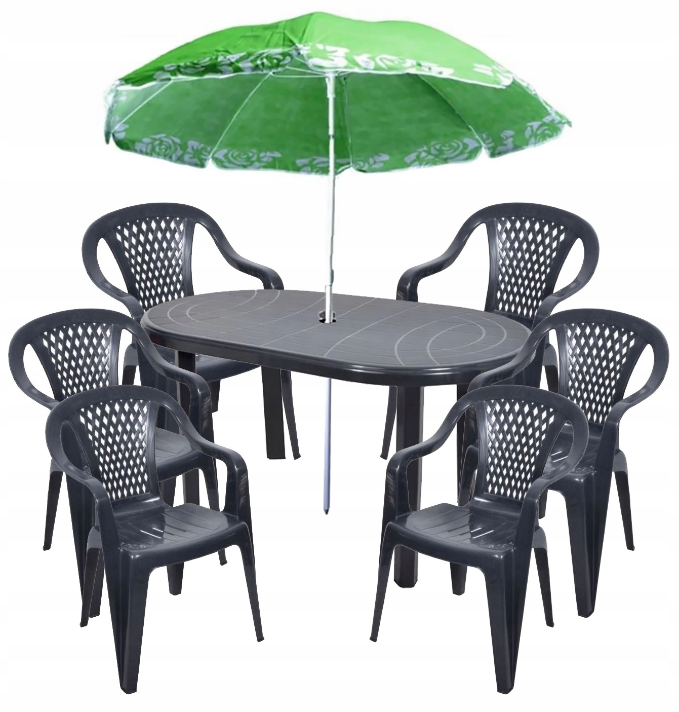 ZESTAW GRAFIT 6+1+PARASOL DUŻY STÓŁ KRZESŁA OGRÓD