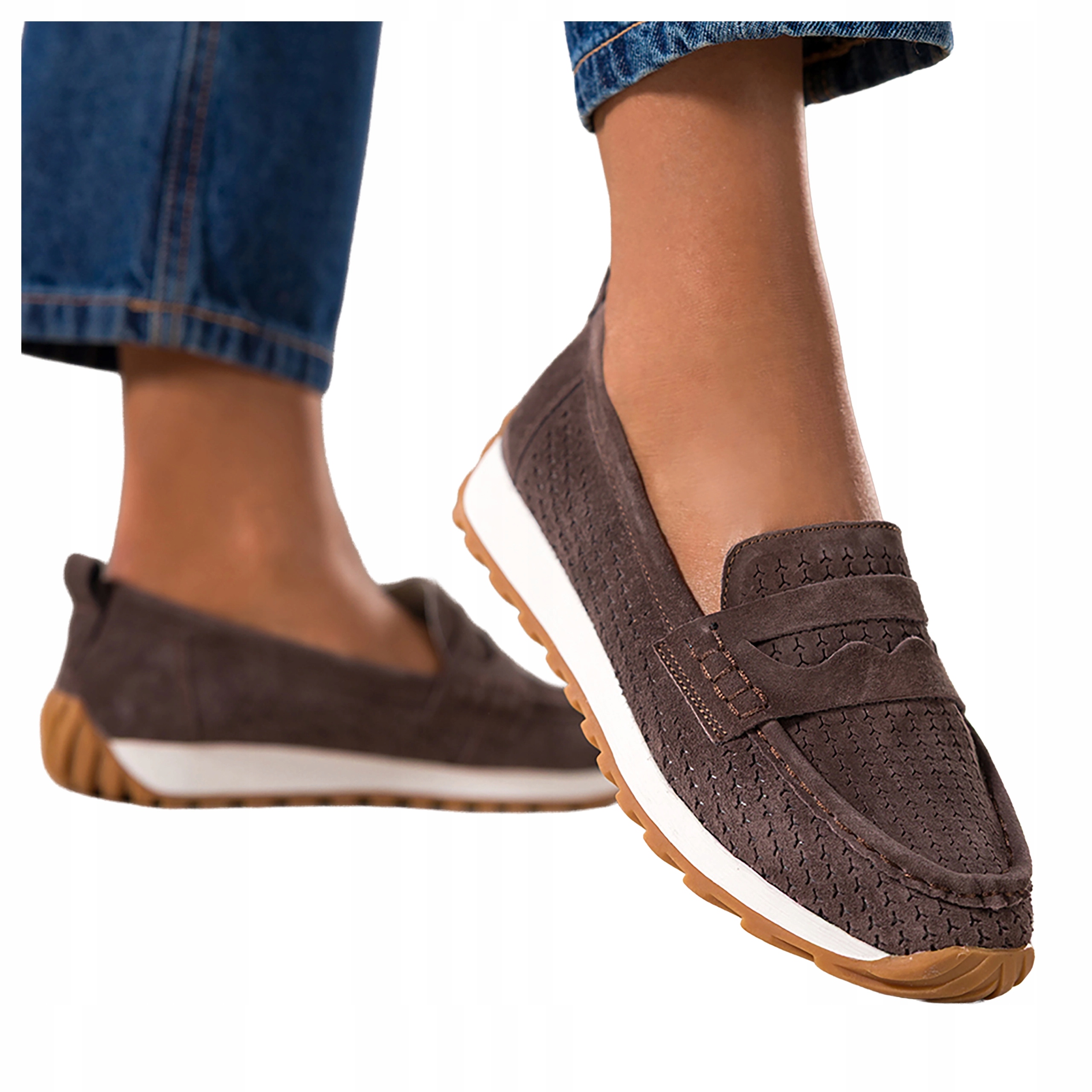 Czekoladowe Mokasyny Damskie Ażurowe Na Platformie Skórzane r 39