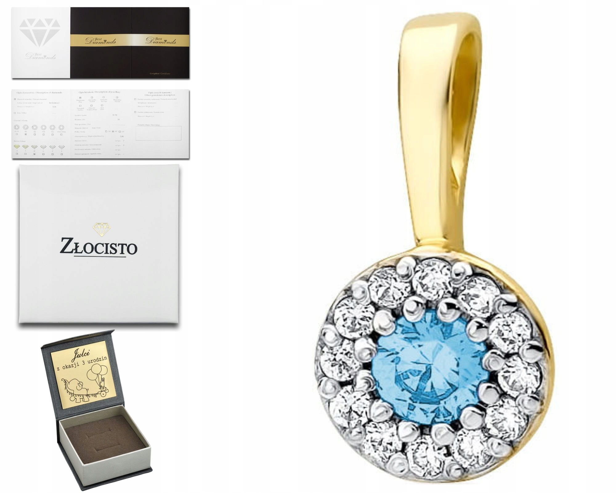 Zlatý Přívěsek Topaz Briliantový 585 Gravírování Kulatý